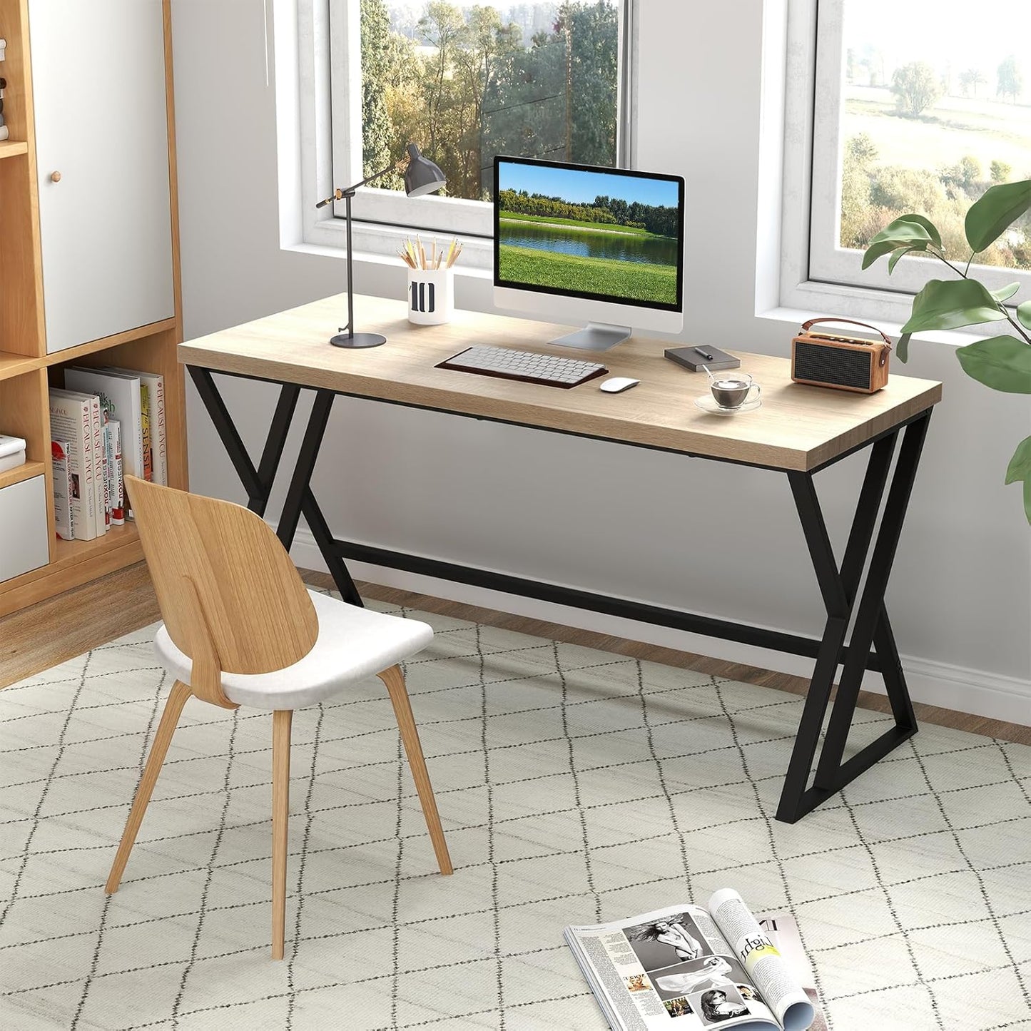 Tangkula 59" Computer Desk, Home Office Desk with Heavy-Duty Metal Frame & Crossbar, Executive PC Workstation, 5 FT Conference Room Table, Rectangular Meeting Table (Grey,1)