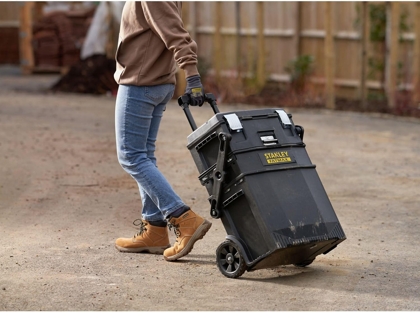 Stanley 1-94-210 FatMax Range Cantilever Workshop Trolley - Removable Divider Organiser - V-Slot for Extra Cutting - Telescopic Handle - Locking Latch - Large Diameter Wheels