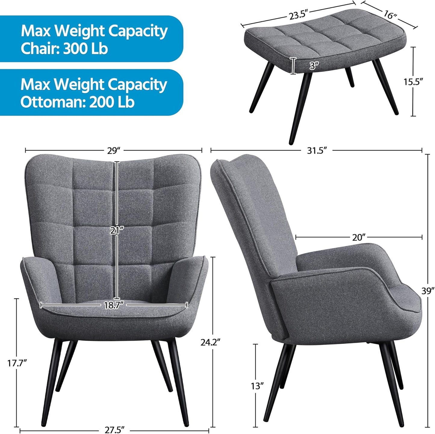 Topeakmart Accent Chair with Ottoman Set, Upholstered Living Room Chair Fabric Arm Chair with Foot Rest Sofa Chair and Ottoman Set for Living Room Bedroom Office, Grey, 2pcs