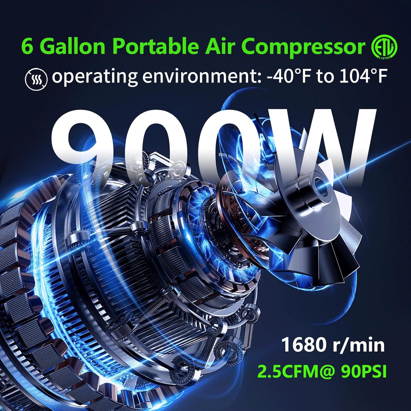 6 Gallon Portable Air Compressor 1HP 2.5 CFM@90PSI 60dB Ultra Quiet Oil Free Air Compressor Ideal for Tire Inflation Pneumatic Tool Spray Painting