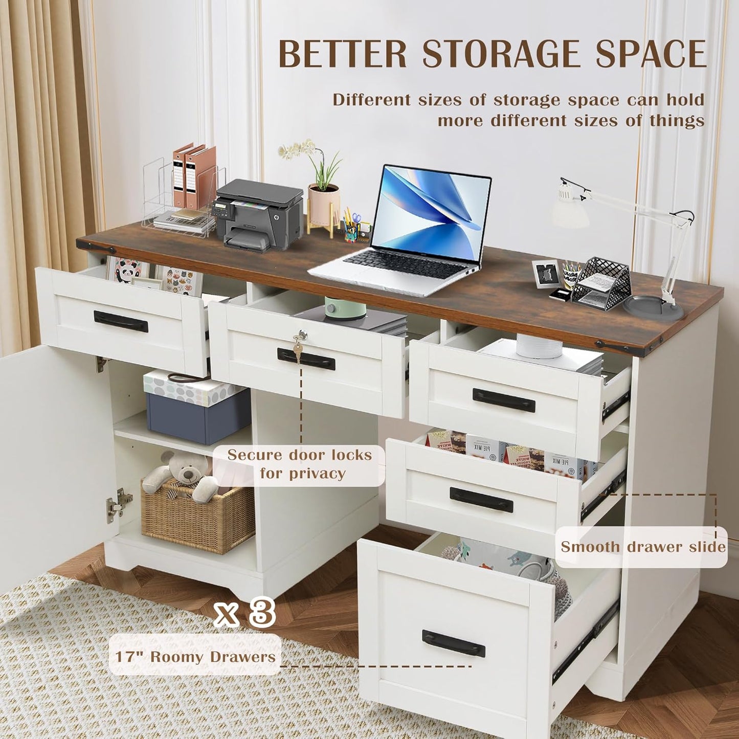 60" Farmhouse Executive Desk, Home Office Desk with Drawers, Wood Computer Writing Desk with Charging Station, Key Lock Drawer Filing Cabinet Drawers, Antique White
