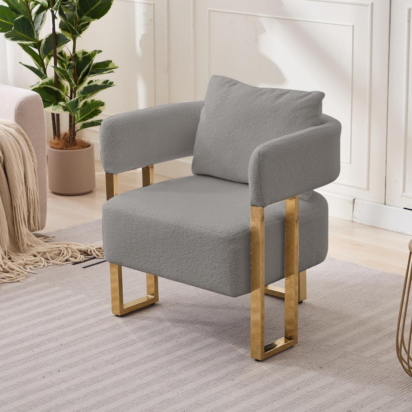 Teddy Velvet Sofa with Square Legs and Gold Feet Suitable for Decorative Chair in Living Room Reading Chair Medieval Modern Sofa Chair with Pillows(Pink Teddy Velvet 2PC)