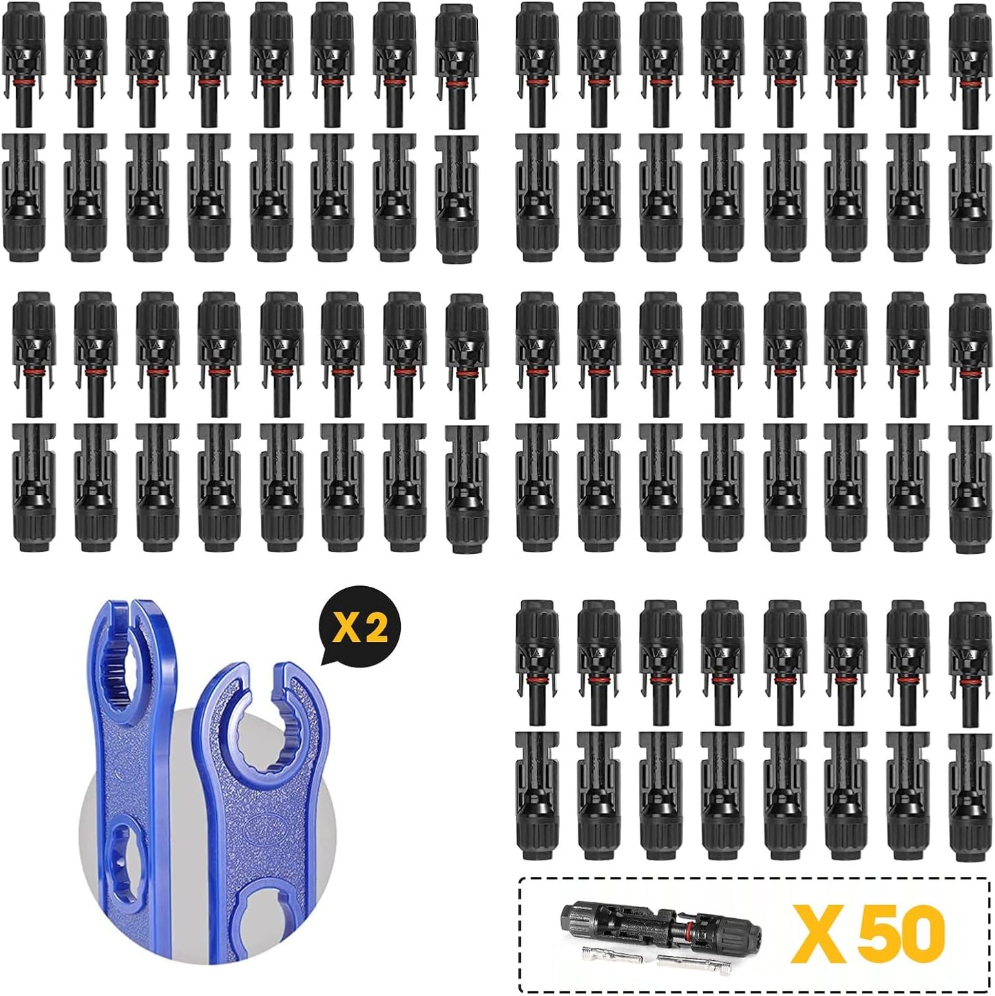 BougeRV 100PCS Solar Connector with Spanners IP67 Waterproof Solar Panel Cable Connectors Male/Female 50 Pairs(10AWG)