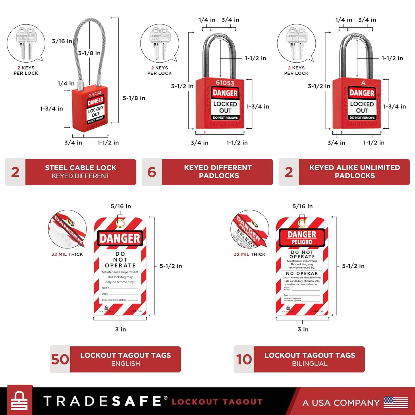 TRADESAFE Lockout Tagout Kit - 90 Loto Devices, Cable Lock, Loto Locks, Breaker Lockout Devices, Lock Out Tags, Plug Lock, Hasps, OSHA-Compliant Lock Out Tag Out Kits Electrical Tools