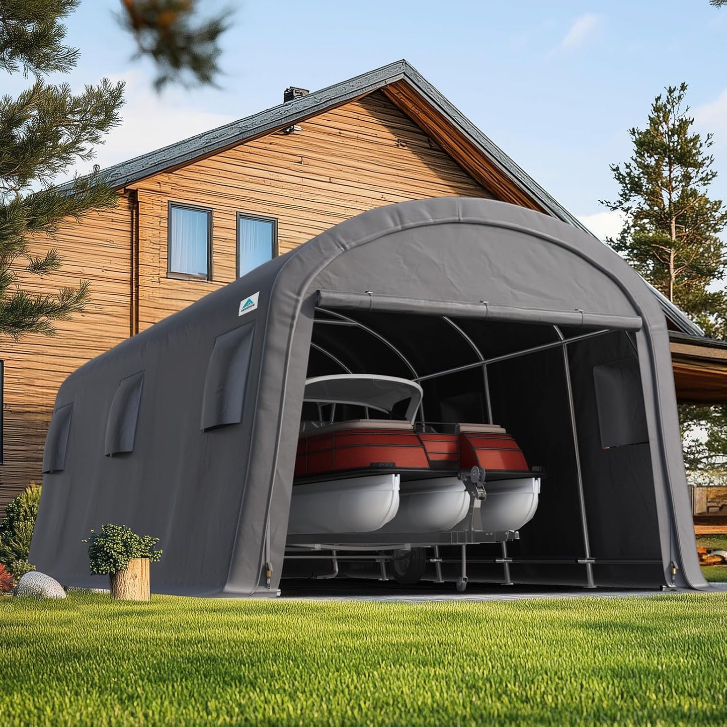 ADVANCE OUTDOOR 6x8 ft Shelter Storage Shed Steel Metal Round Peak Roof Portable Garage Carport for Motorcycle, Boat, or Garden Tools with 2 Roll up Doors & Vents, Gray