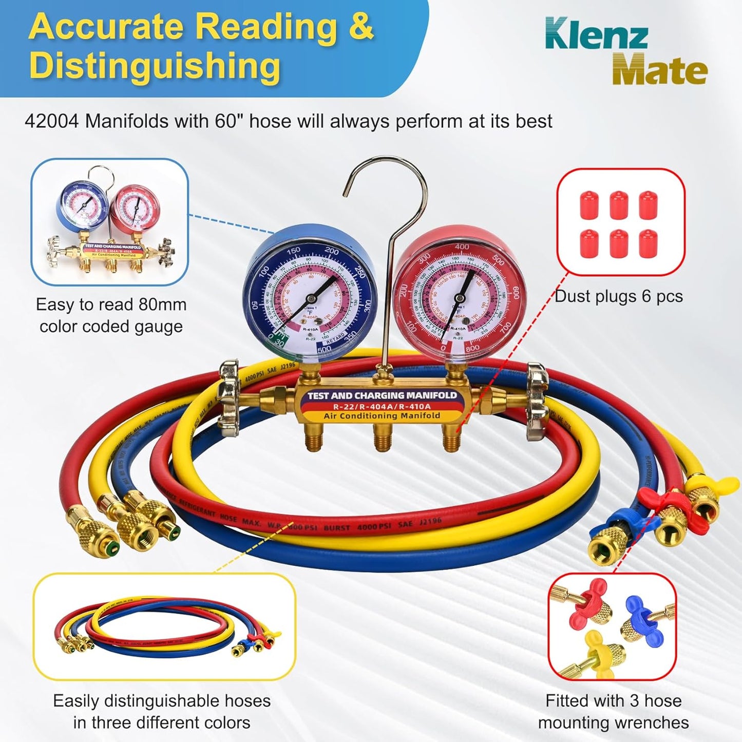 42004 Test and Charging Manifold with 3-1/8" (80 mm) Gauges, 1/4" Standard Flare Fitting, HVAC Color-Coded Gauges with 60" Hoses, 2-Valve, HVAC Manifold for R-22/404A/410A, Yellow/Red/Blue