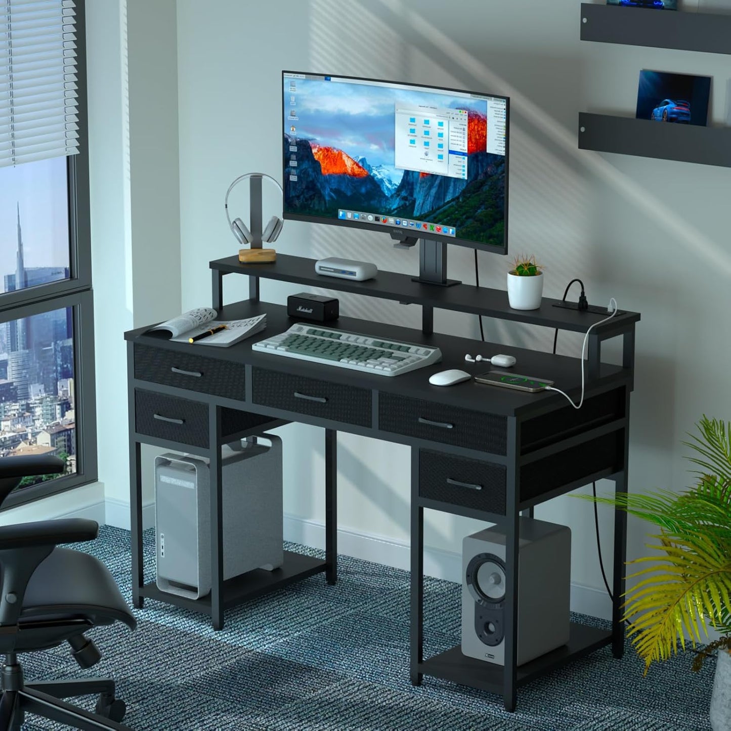 Black Computer Desk with Drawers, Gaming Desk with LED Light & Power Outlet, 47" Home Office Desk with Large Storage & Monitor Stand for Small Space