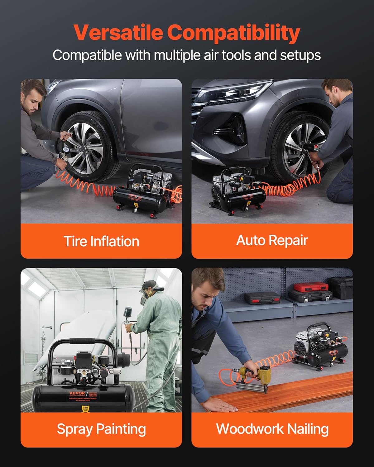 VEVOR Air Compressor, 1 Gallon Steel Tank, 1HP 1.5CFM @ 90PSI Oil Free Air Compressor & Max. 120PSI Pressure, 78dB Ultra Quiet Portable Compressor for Auto Repair, Tire Inflation, Spray Painting, 120V