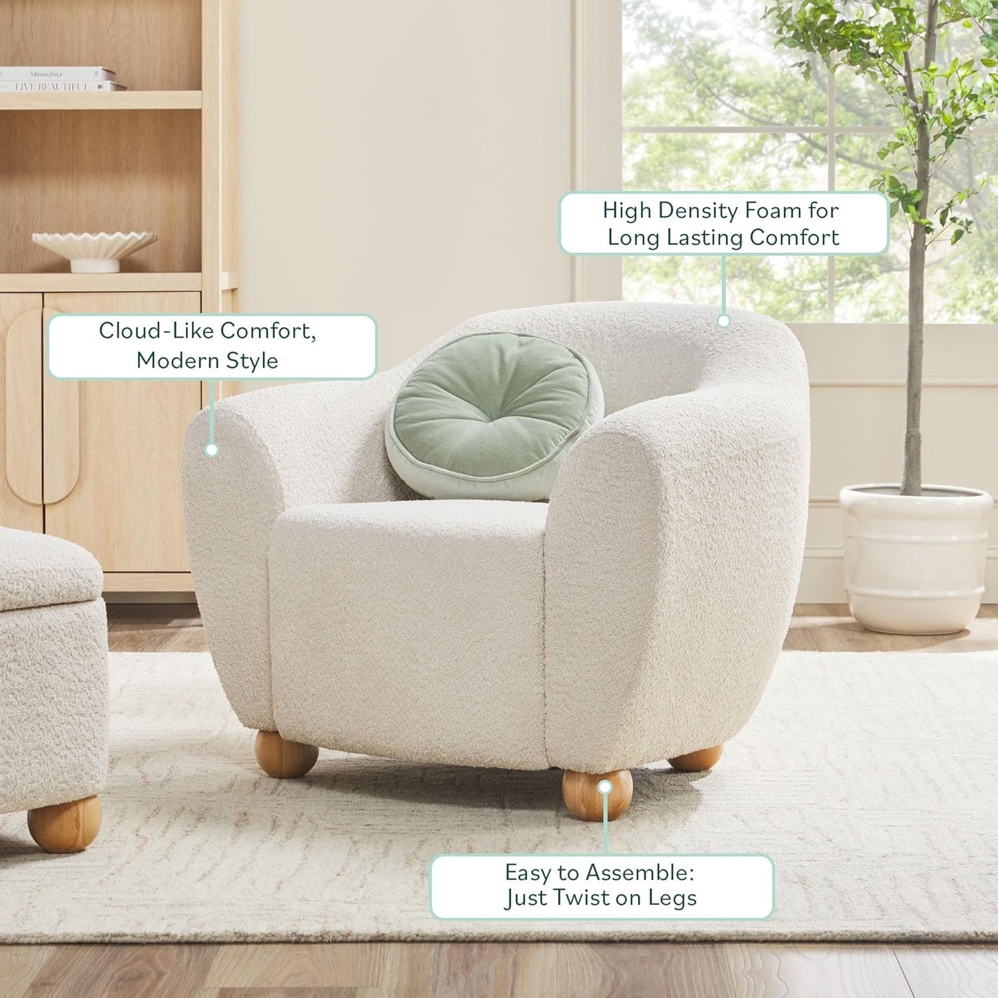 Walker Edison Linley Contemporary Bouclé Accent Chair with Wood Legs, Ivory