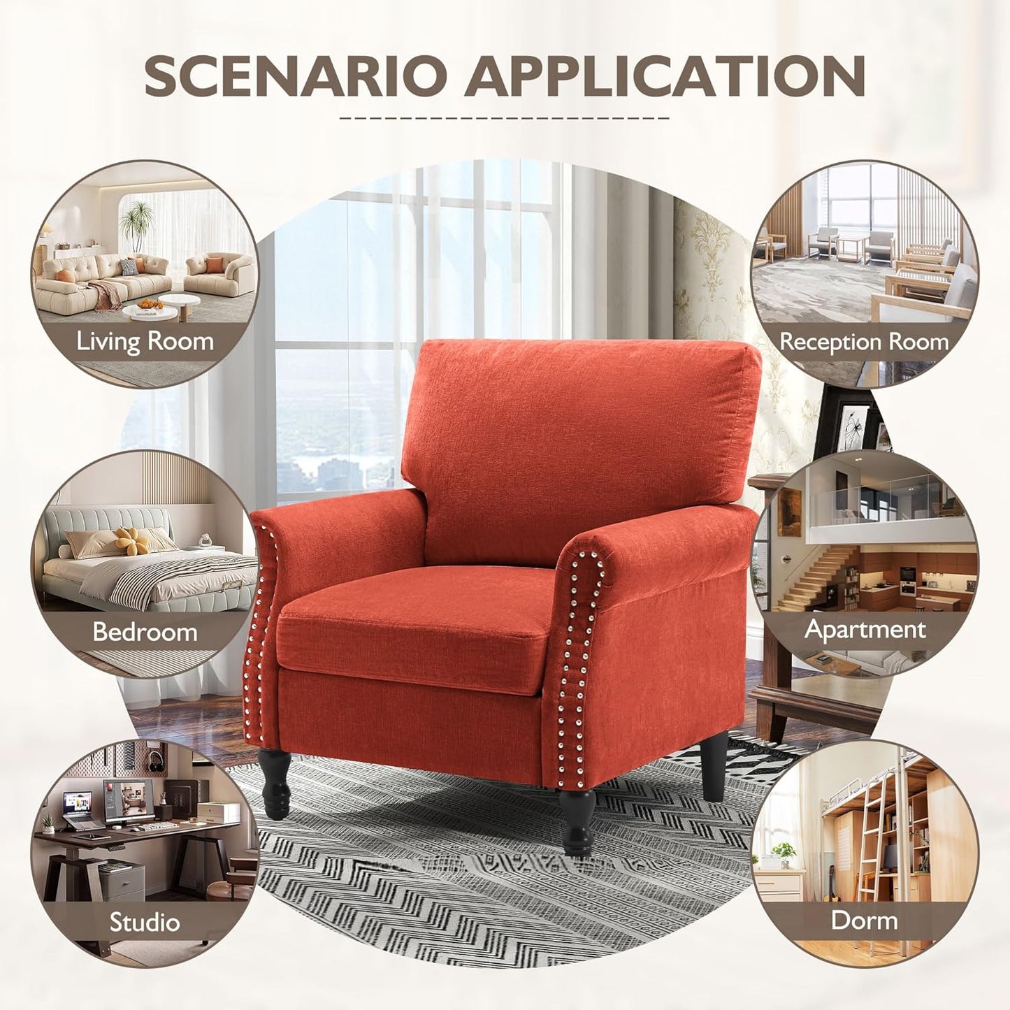 Accent Chair, High Back Upholstered Armchair with Solid Legs, Leisure Single Sofa Chair for Living Room, Bedroom, Home Office(Tangerine,All Senson)
