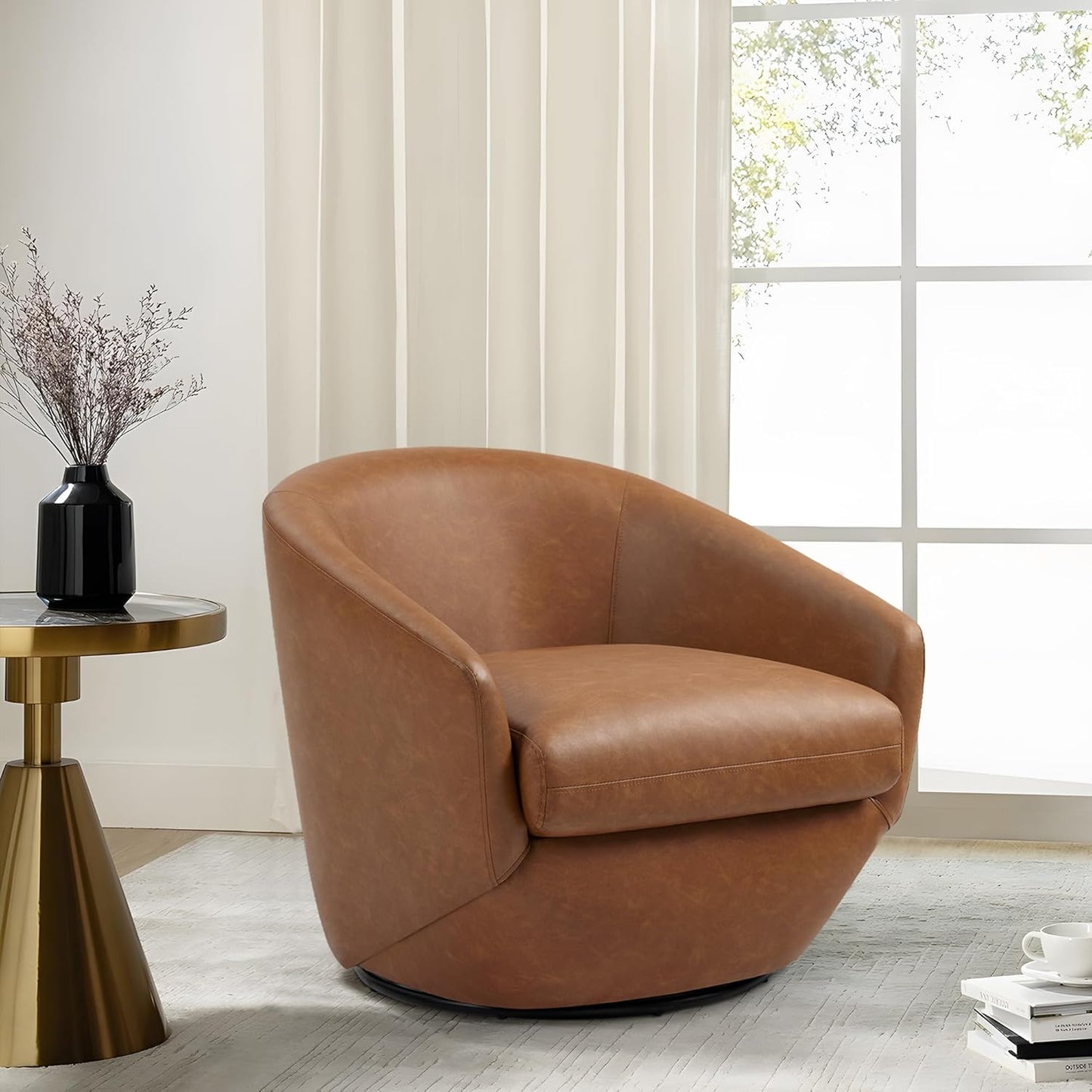 Swivel Barrel Chair, Modern Round PU Leather Accent Armchair for Living Room, Bedroom, Oversized Comfy Club Reading Chairs for Adults (Leather Red Brown, Set of 1)