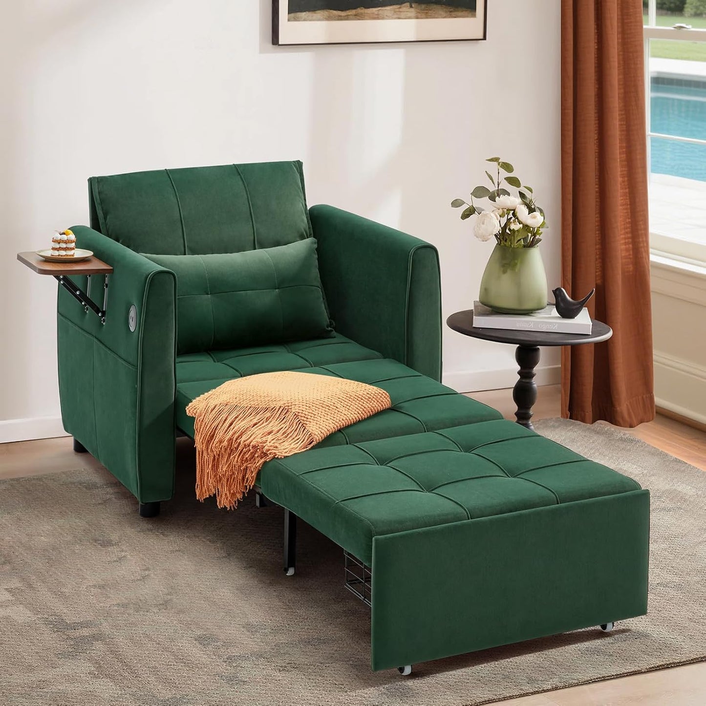 4-in-1 Convertible Sleeper Chair Bed for Adult, 90" Extra Long Pull-Out Sleeper Sofa Bed with Wing Table, USB Charging & Bottom Storage, Single Sleeping Chair for Living Room, Green