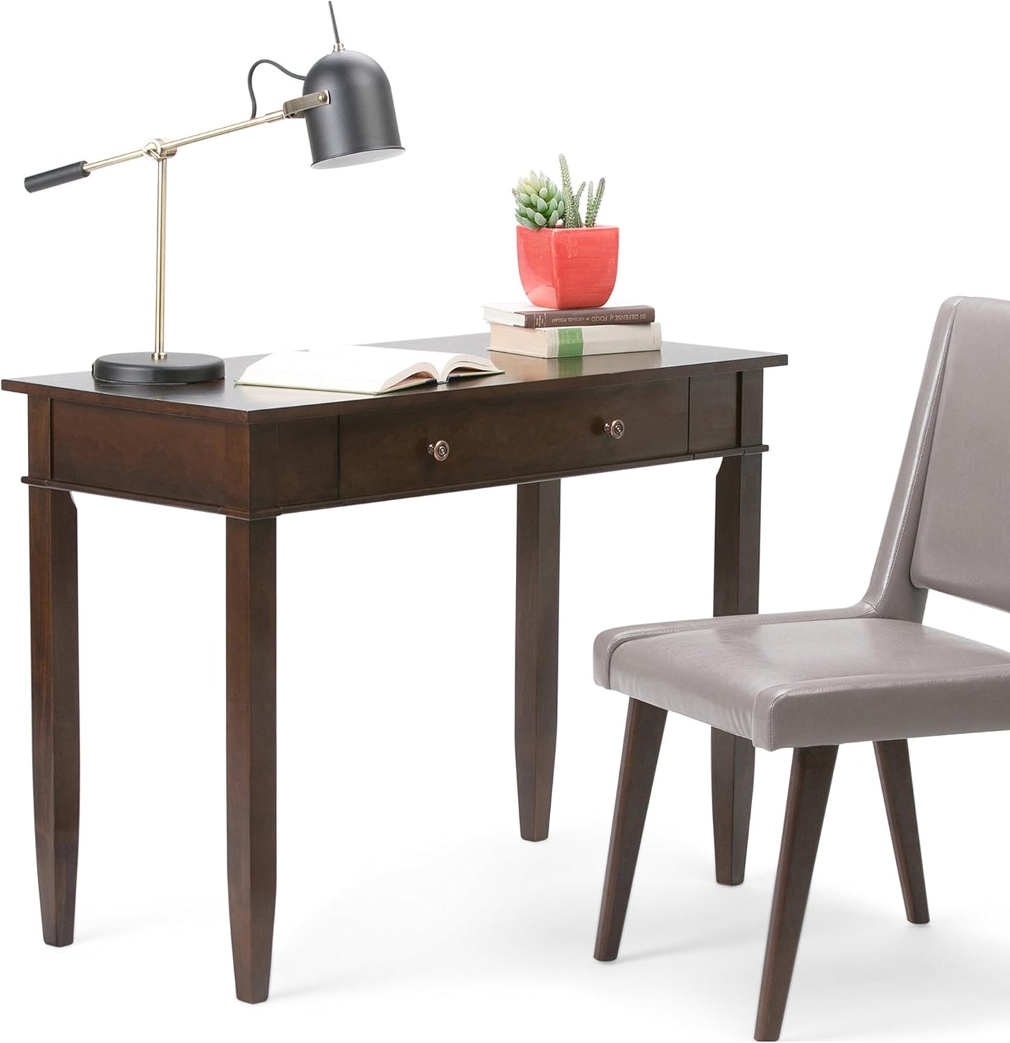 SIMPLIHOME Carlton Desk - 42-Inch Wide Solid Wood Writing Desk in Dark Tobacco Brown, Transitional Home Office Computer Table for Study or Compact Space with Flip-Down Keyboard Tray