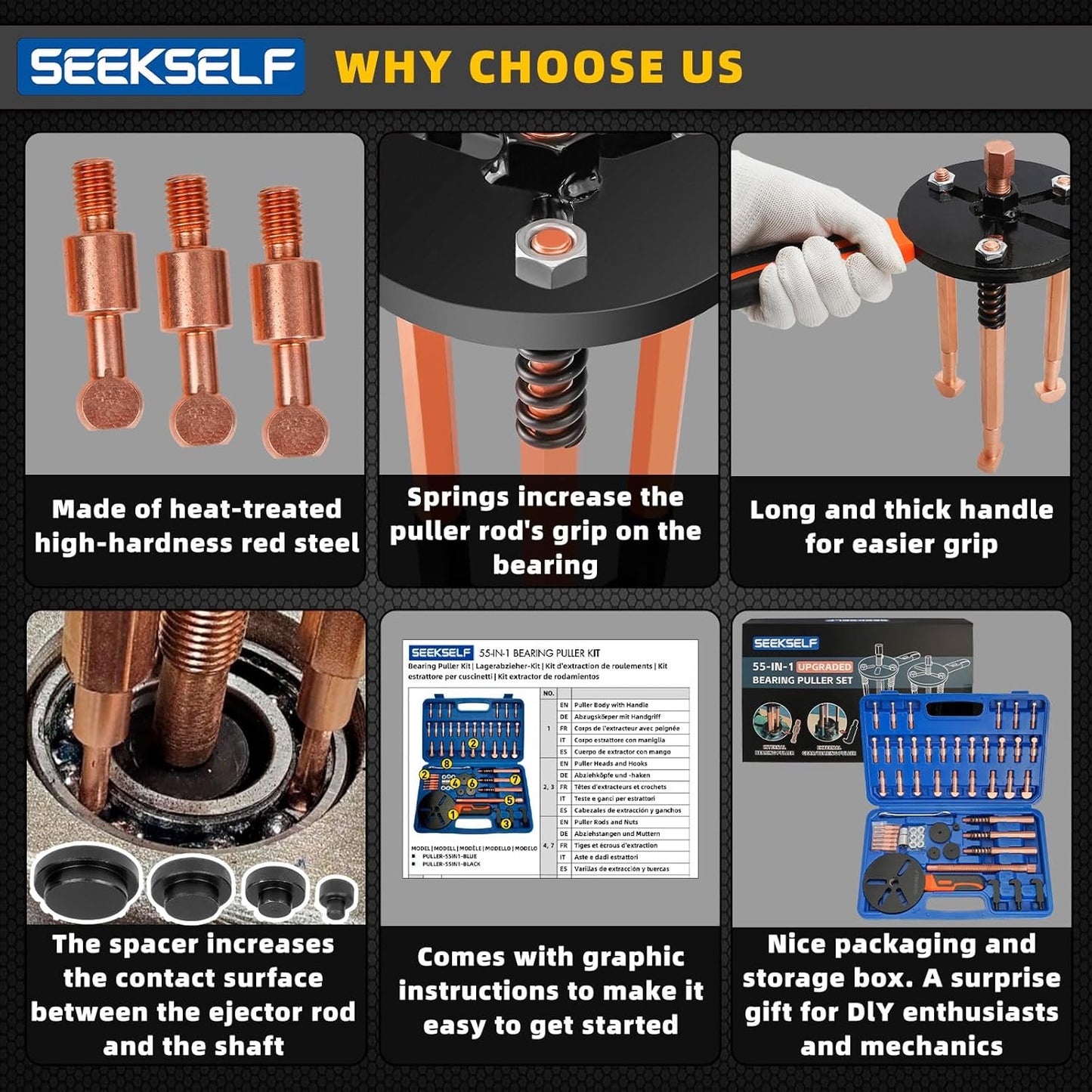 55-in-1 Bearing Puller Kit, Blind Hole Bearing Puller Set, Inner Outer Bearing Separator Tool Internal External Bearing Removal Gear Splitter Pull Tool, Blue Storage Box
