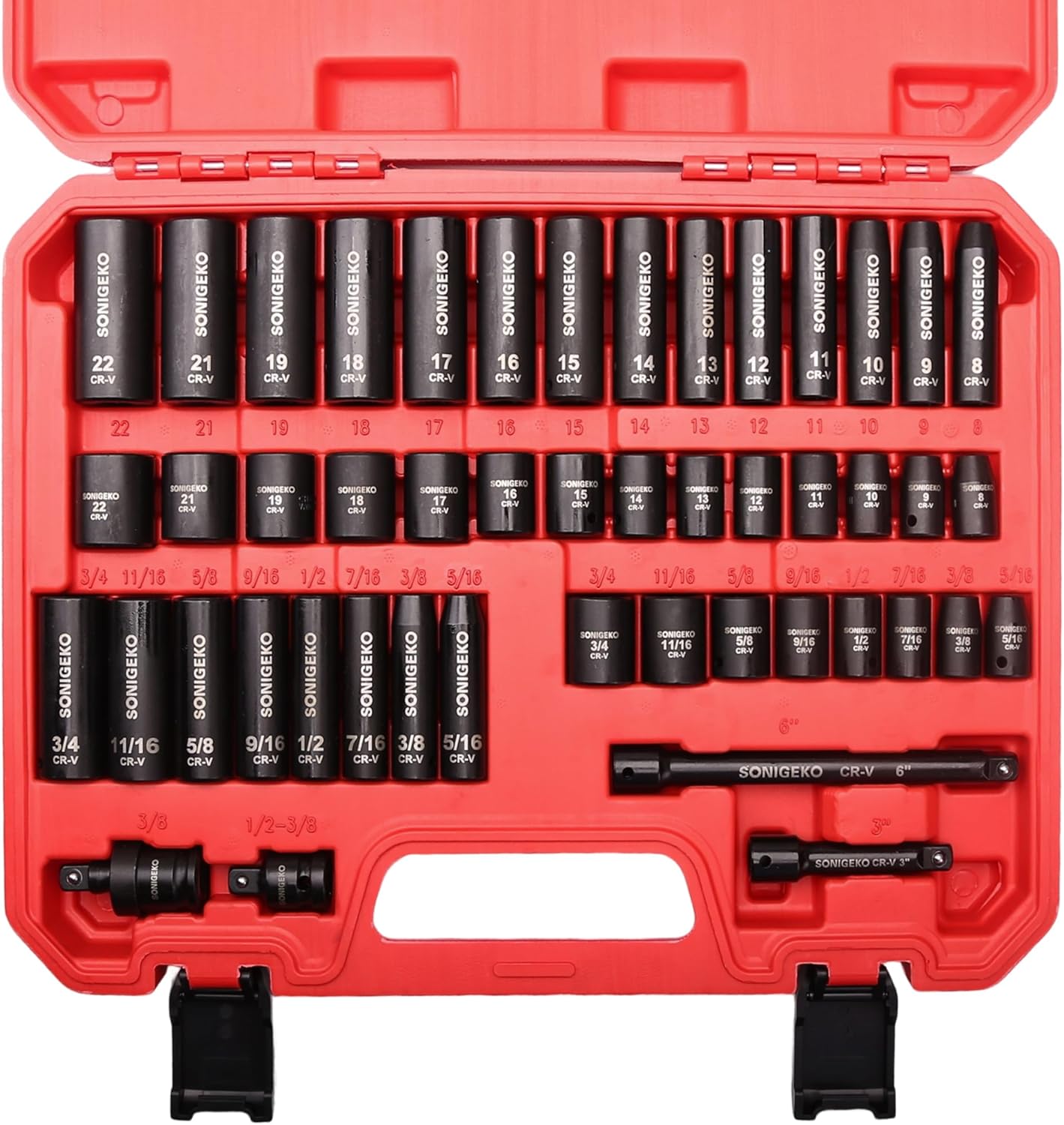 29-Piece 1/2" Drive Impact Socket Set - 6 Point Deep SAE & Metric CR-V Steel Sockets with 3", 5", 10" Extension Bar