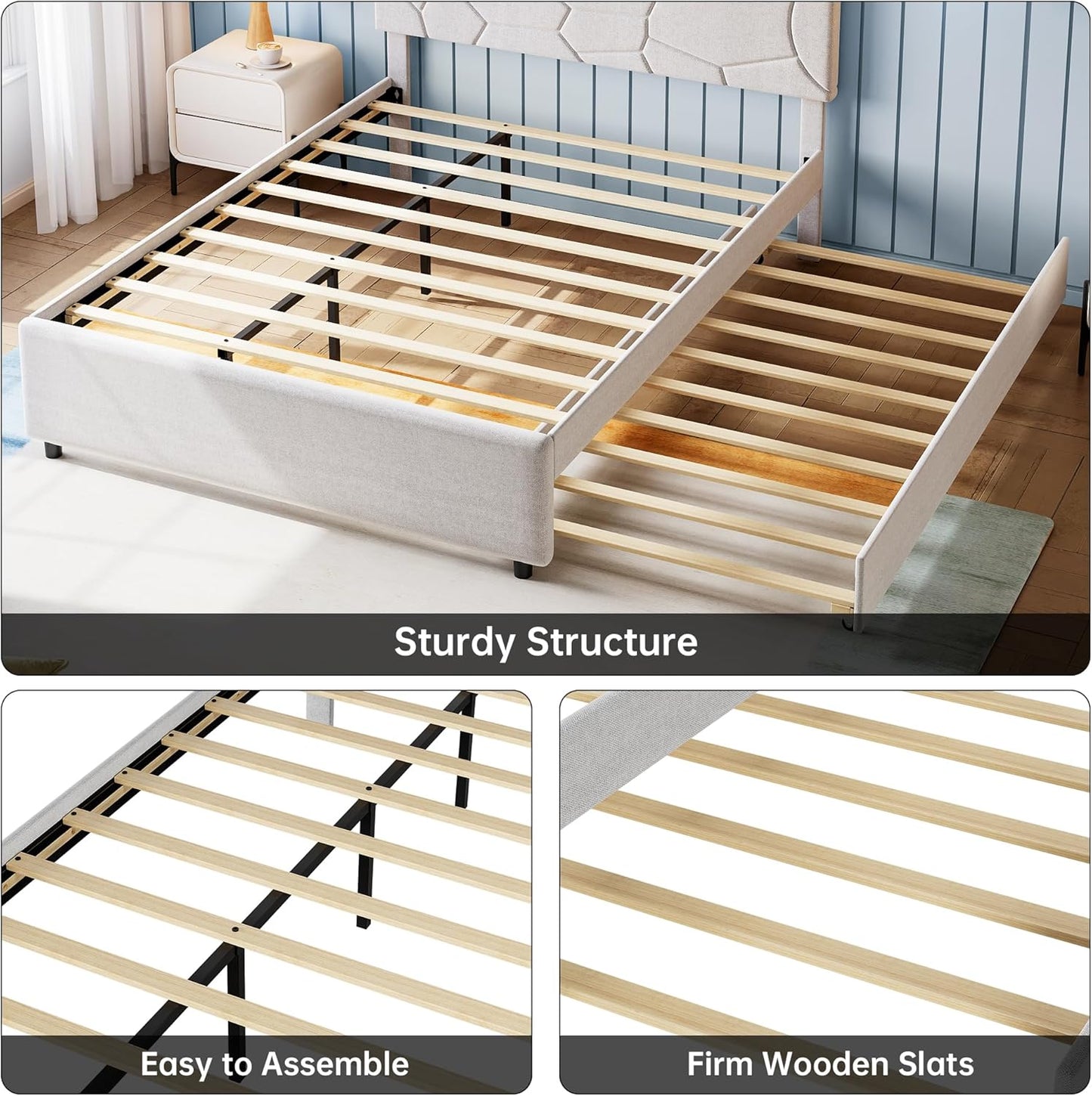 Trundle Bed Twin, Full Size Upholstered Platform Bed Frame, Pull Out Bed with Headboard, Wood Slat Support, for Bedroom, Living Room, Guest Room