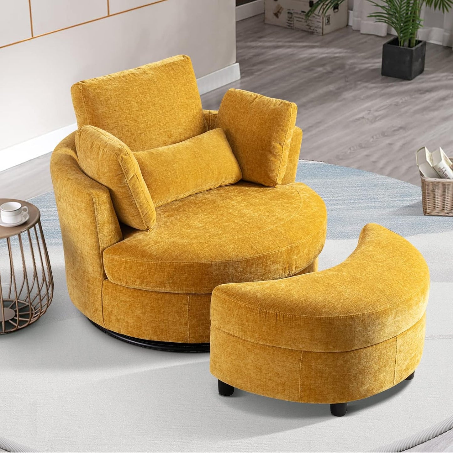 40" W Modern Grey Swivel Barrel Chair with 360° Round Metal Base & Plush Corduroy Pillows & Thick Cushion, Comfy Large Accent Chaise Longue for Living Room, Bedroom Club Reading Armchair (Gray)