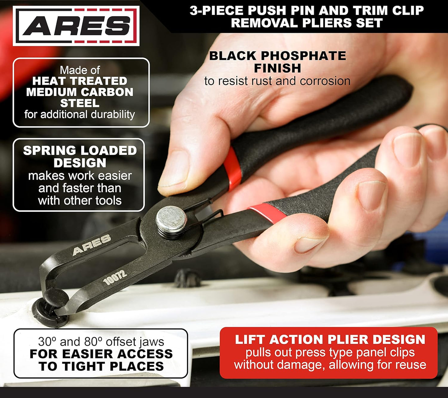 ARES 10074 – 3-Piece Push Pin and Trim Clip Removal Pliers Set – 30 Degree, 80 Degree, and Lift Action Pliers - Removes Push Pin and Press in Trim Clip Style Fasteners - Protects Trim and Fasteners