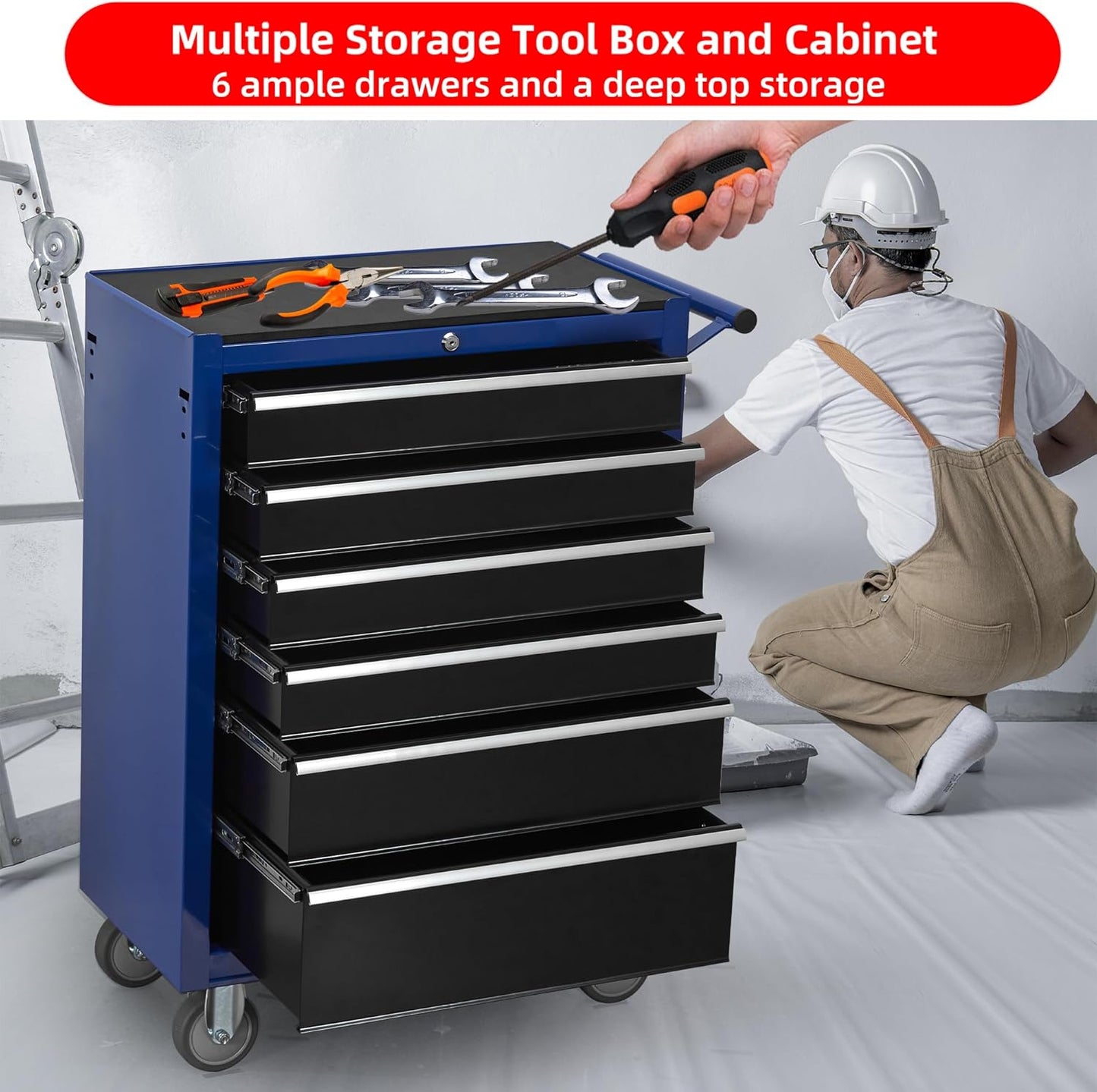 6-Drawer Rolling Tool Chest Cabinet, Large Capacity Metal Tool Box with Wheels and Locking, Roll Around Storage Organizer Tool Cart for Garage, Warehouse, Work Shop - Blue