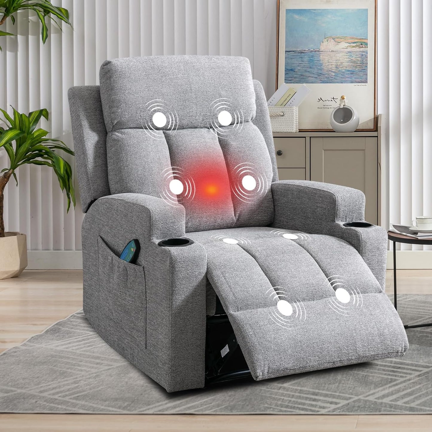 ANJ HOME Manual Massage Recliner Chairs with Heat for Living Room, Overstuffed Breathable Fabric Reclining Chair with Side Pockets and Cup Holders, Single Sofa Home Theater Seating, Dark Grey