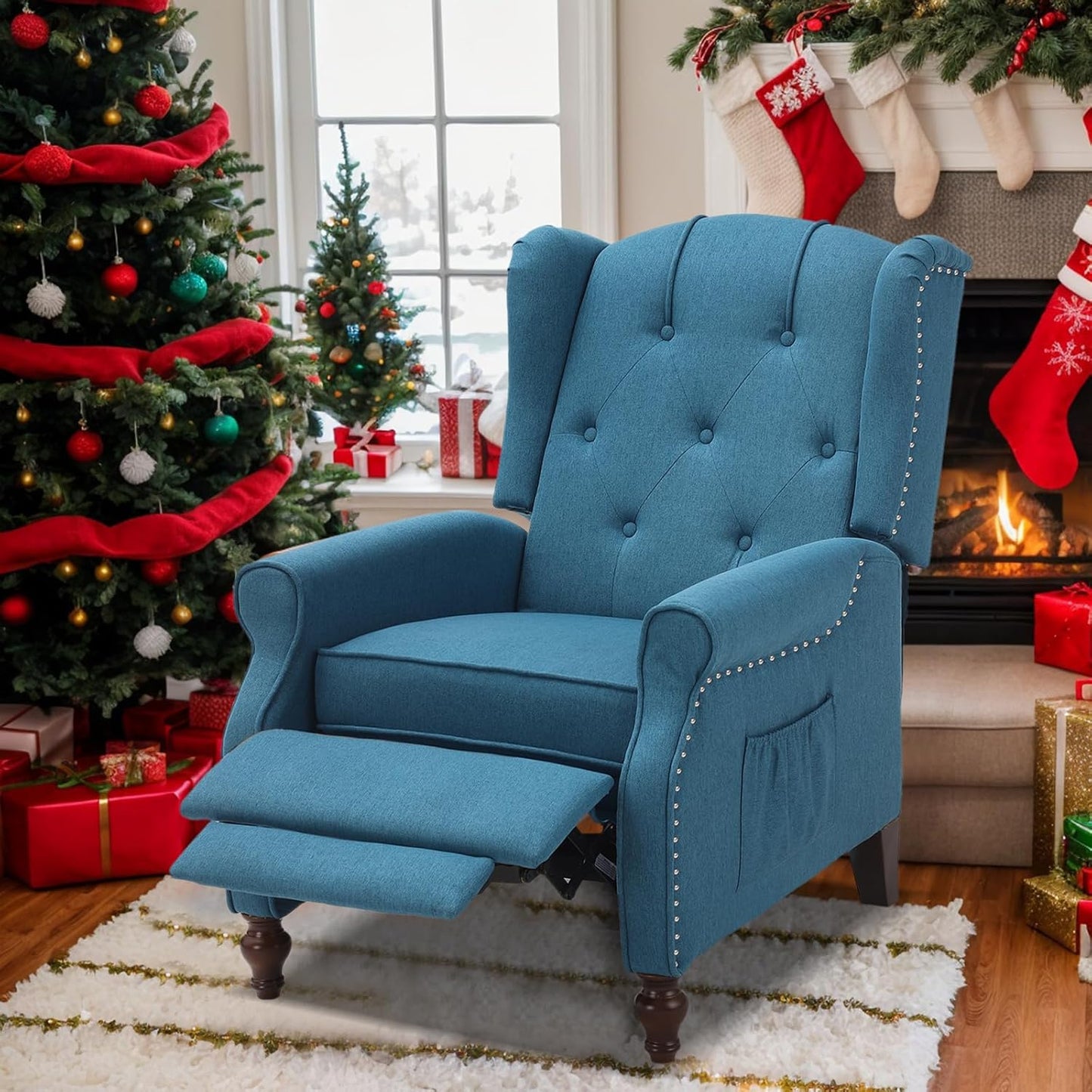 Wingback Recliner Chair - Tufted Arm Chair Recliner - Fabric Push Back Single Sofa for Living Room Adjustable Backrest (Pair, Blue Floral)