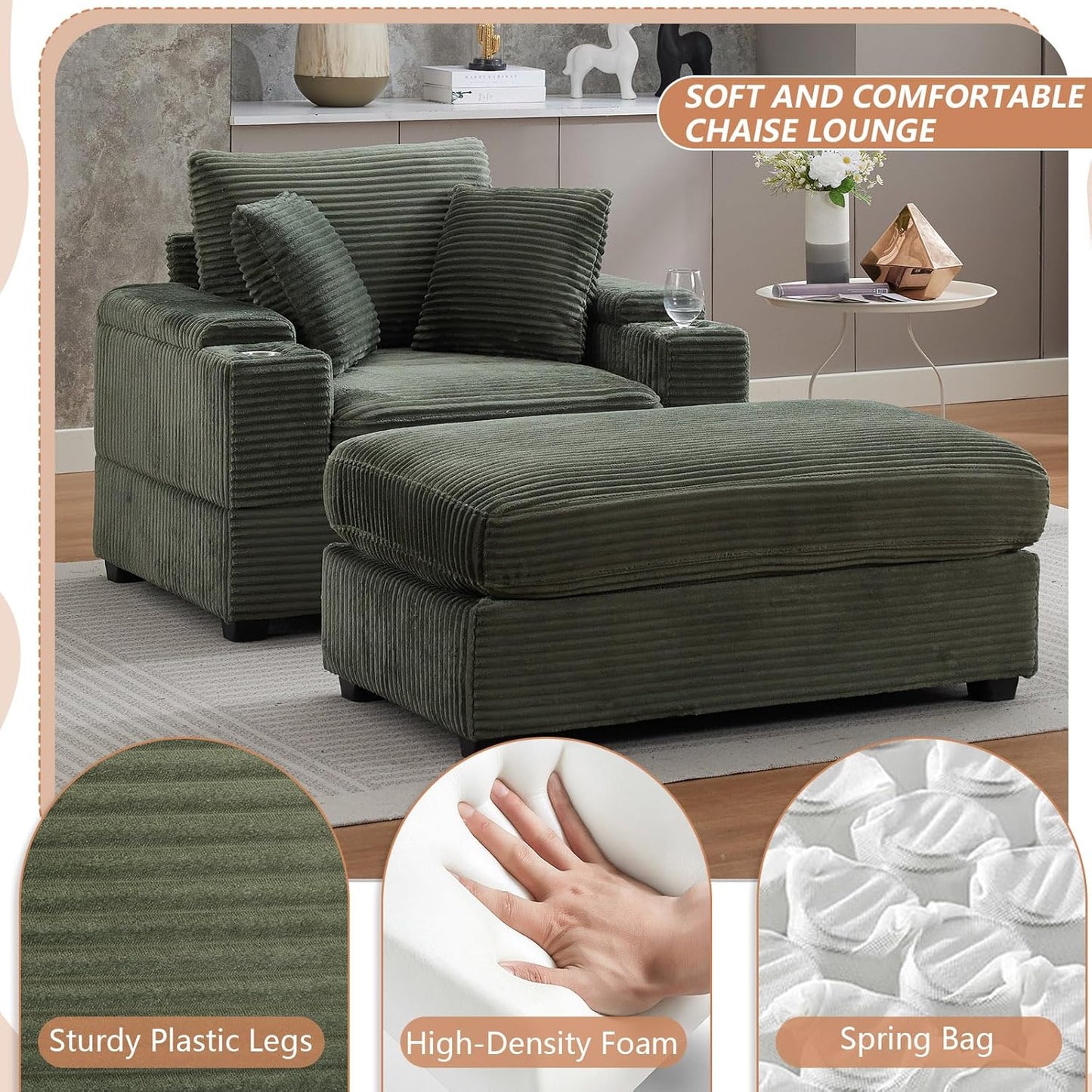 50" Oversized Chaise Lounge Chair Indoor with Ottoman and Storage, Deep Seat Upholstered Reading Chair, Comfy Corduroy Sleeper Chair with Cup Holder, Reclining Chair for Living Room, Bedroom, Green