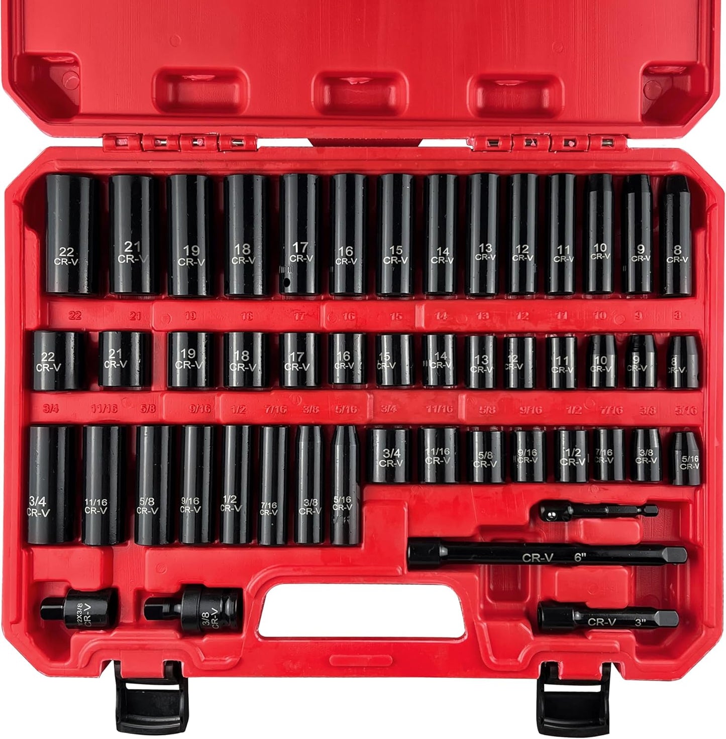 64pcs 3/8" Socket Set,Drive Impact Socket Set, SAE/Metric, Deep & Shallow, Cr-V Steel, 6 Point with Adapters, 72T Ratchet Handle, Extension Bars,Bit Adapter,6-24mm,5/16-1 inch