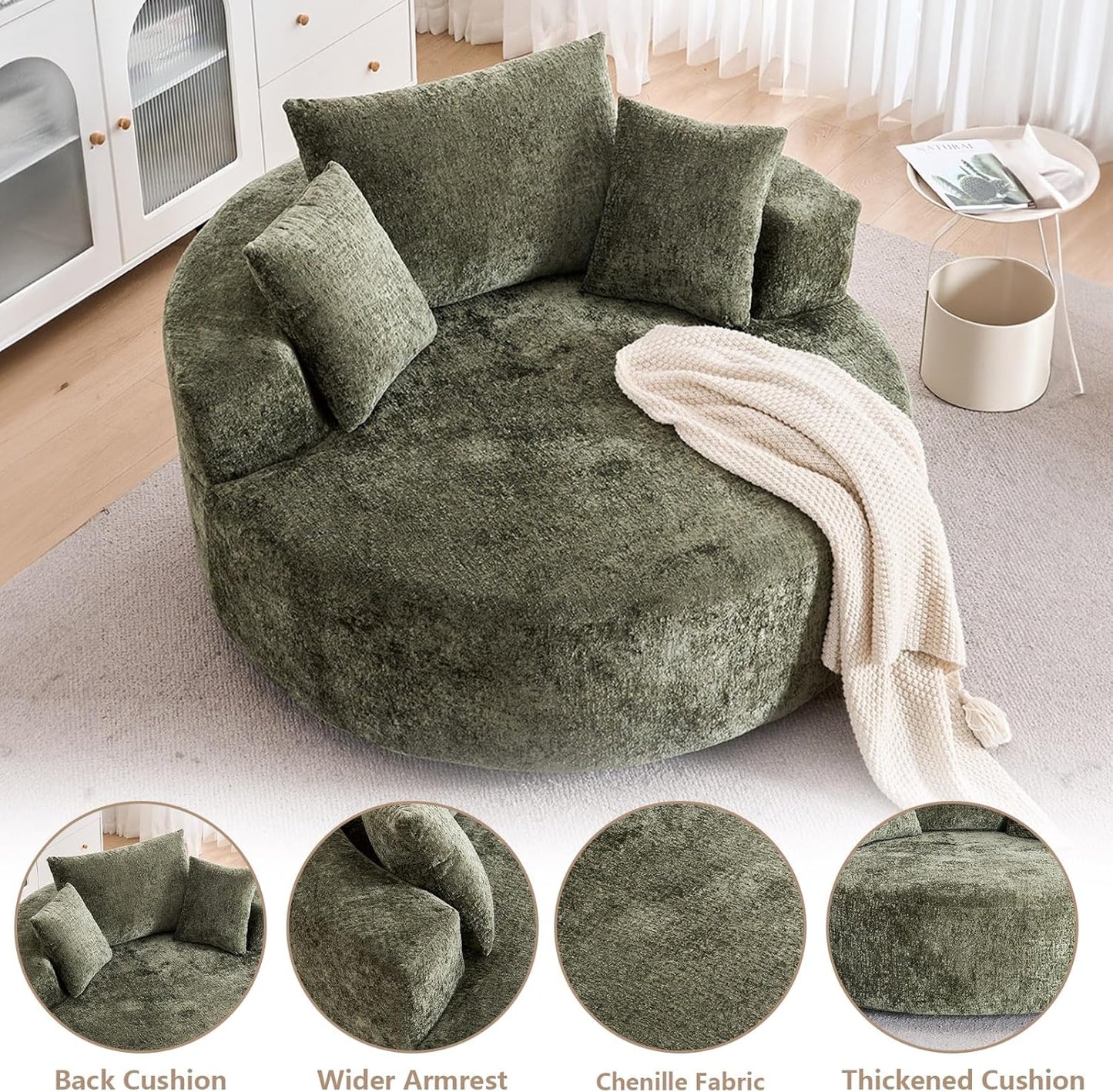 54.33" Oversized Round Chaise Longue Chair Indoor, 360° Swivel Round Upholstered Sofa, Modern Chenille Accent Chair with Pillow for Living Room, Bedroom Apartment,Green
