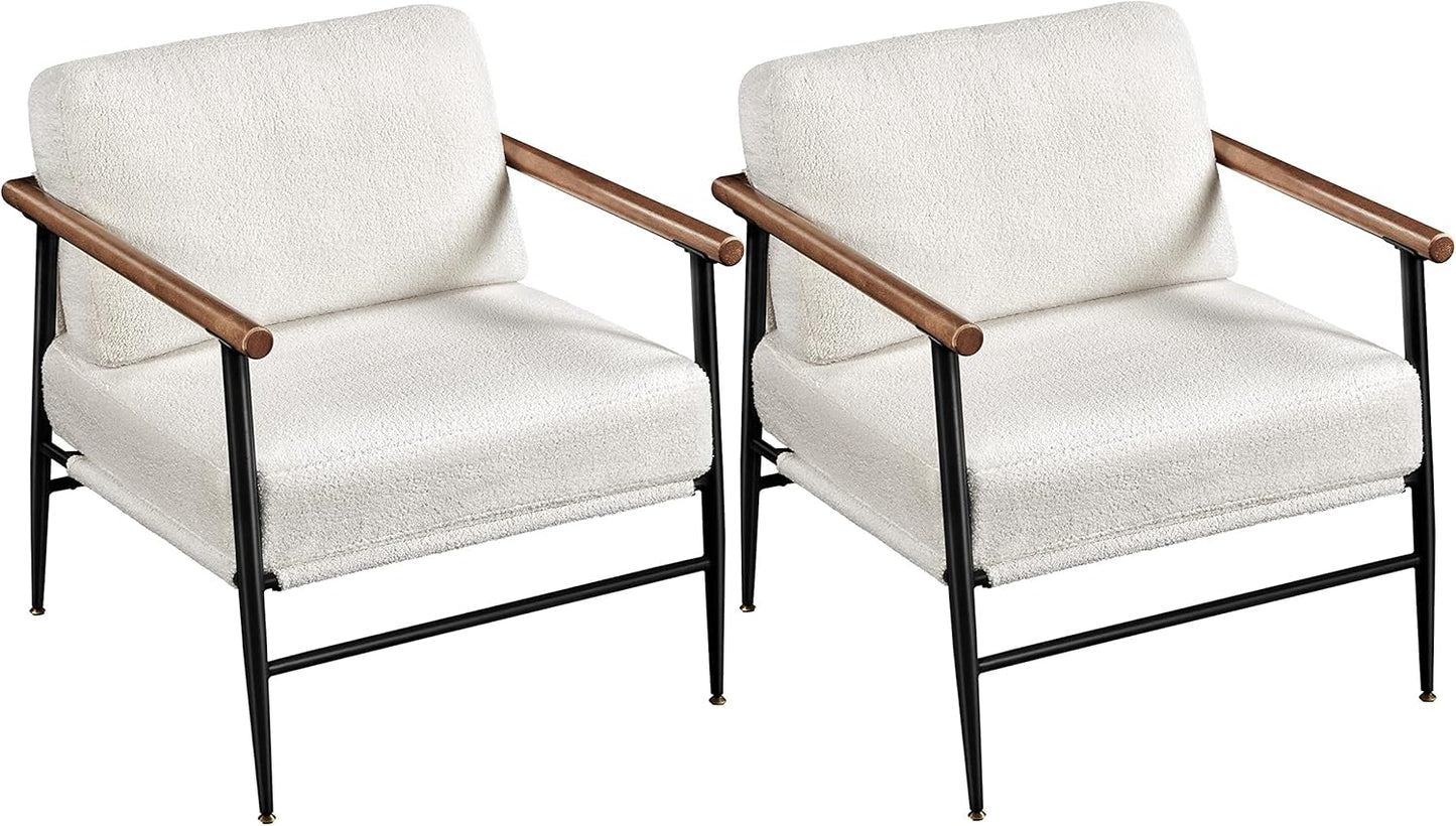 Topeakmart Mid-Century Boucle Accent Chair, Reading Chair with Stylish Boucle Fabric, Lounge Chair with Ultra-Long Armrest and Extra-Wide Seat for Living Room Lounge Office, Ivory, 2PCS