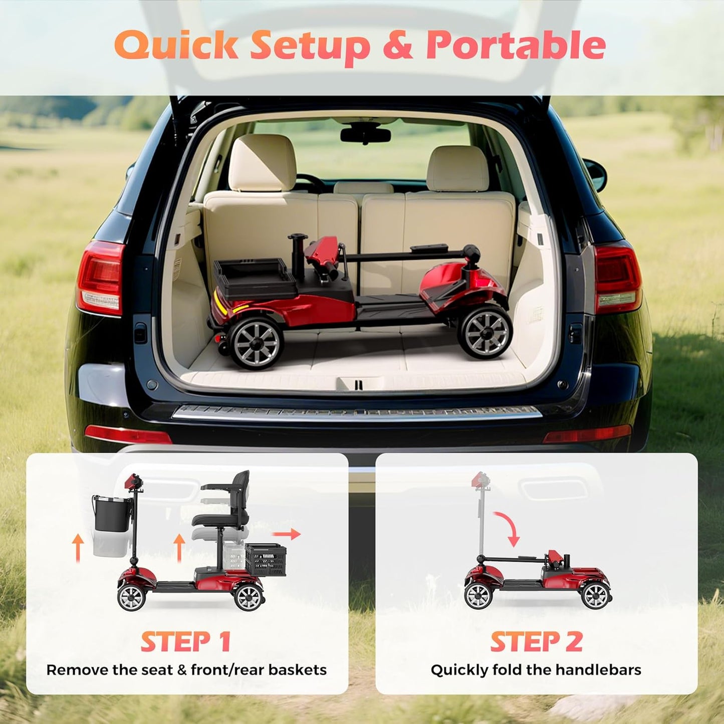 4 Wheel Mobility Scooter for Adults - Foldable Motorized Scooters 330 lb Capacity with Removable Battery, Dual Basket, Phone & Cup Holder, Red