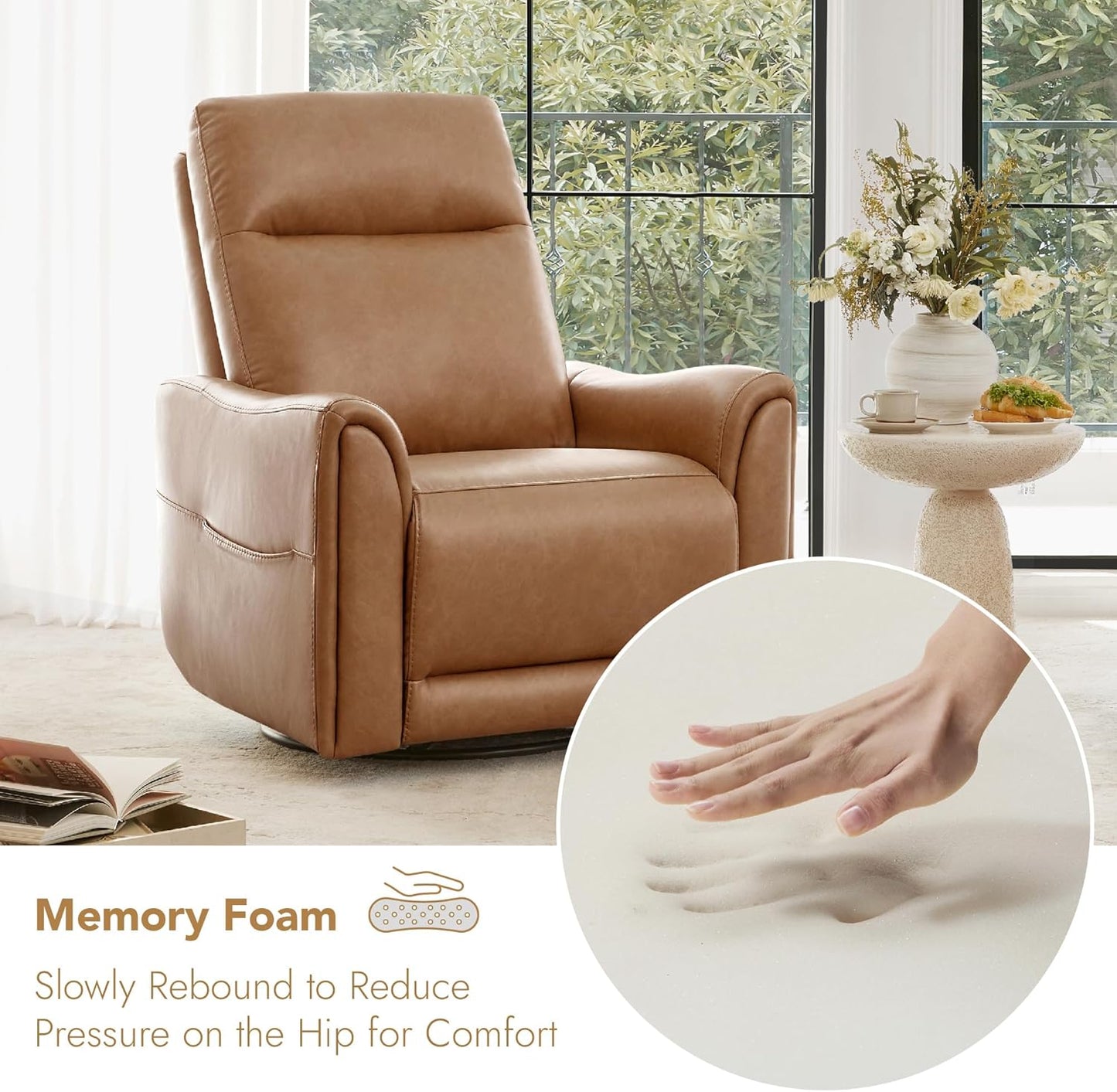 Watson & Whitely Power Swivel Rocker Recliner, Reclining Chair with Memory Foam for Living Room, Faux Leather RC011 (Camel)