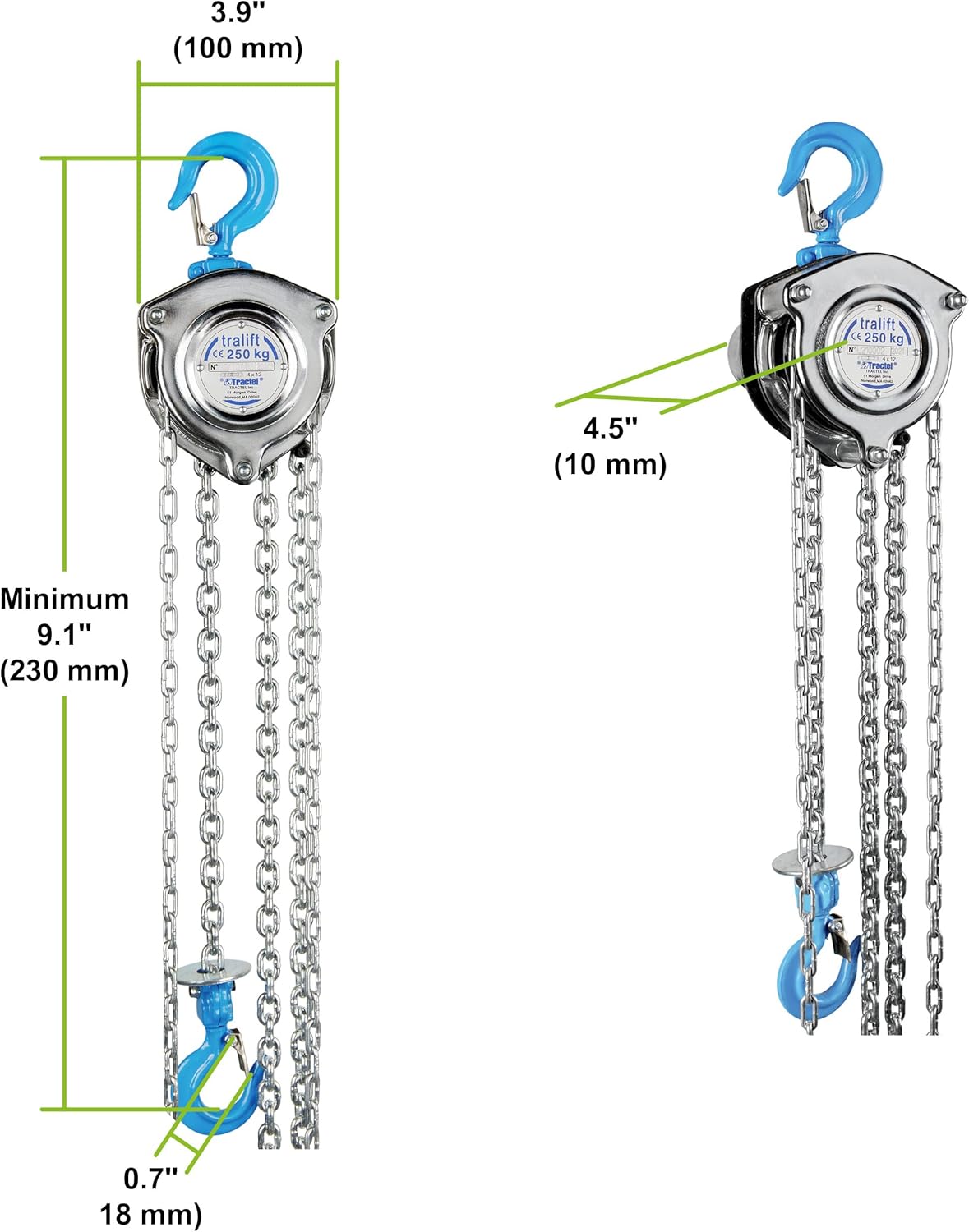 Tractel Manual Chain Hoist | 1/4 Ton - 500 lbs Capacity | 10 ft Steel Chain | Industrial-Grade Steel for Construction, Workshops, Garages | Tralift 56429
