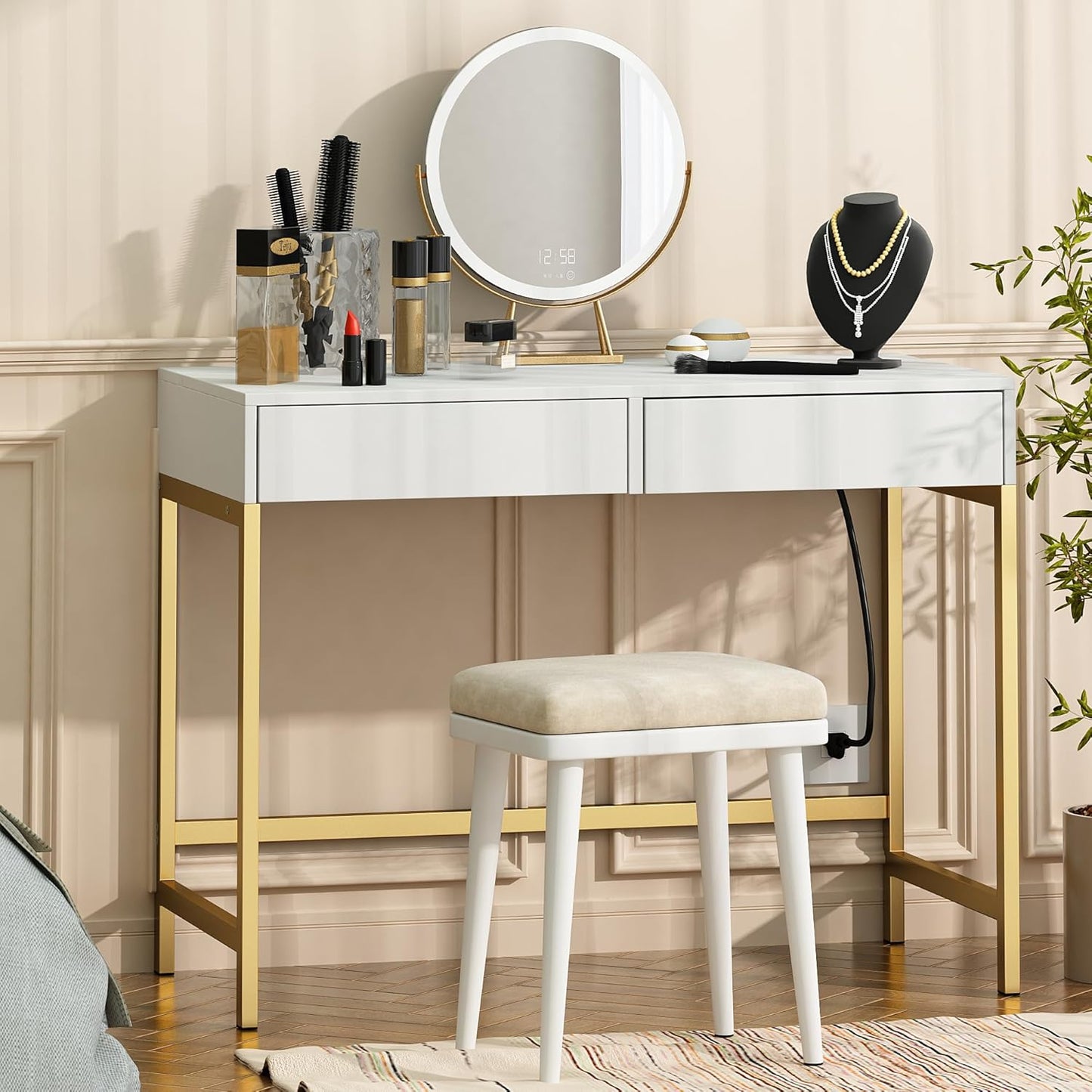 Treocho Computer Desk with USB Charging Ports and Power Outlets, Modern Simple 40 inch White Desk with 2 Drawers, Vanity Desk, Makeup Table for Home Office, Bedroom