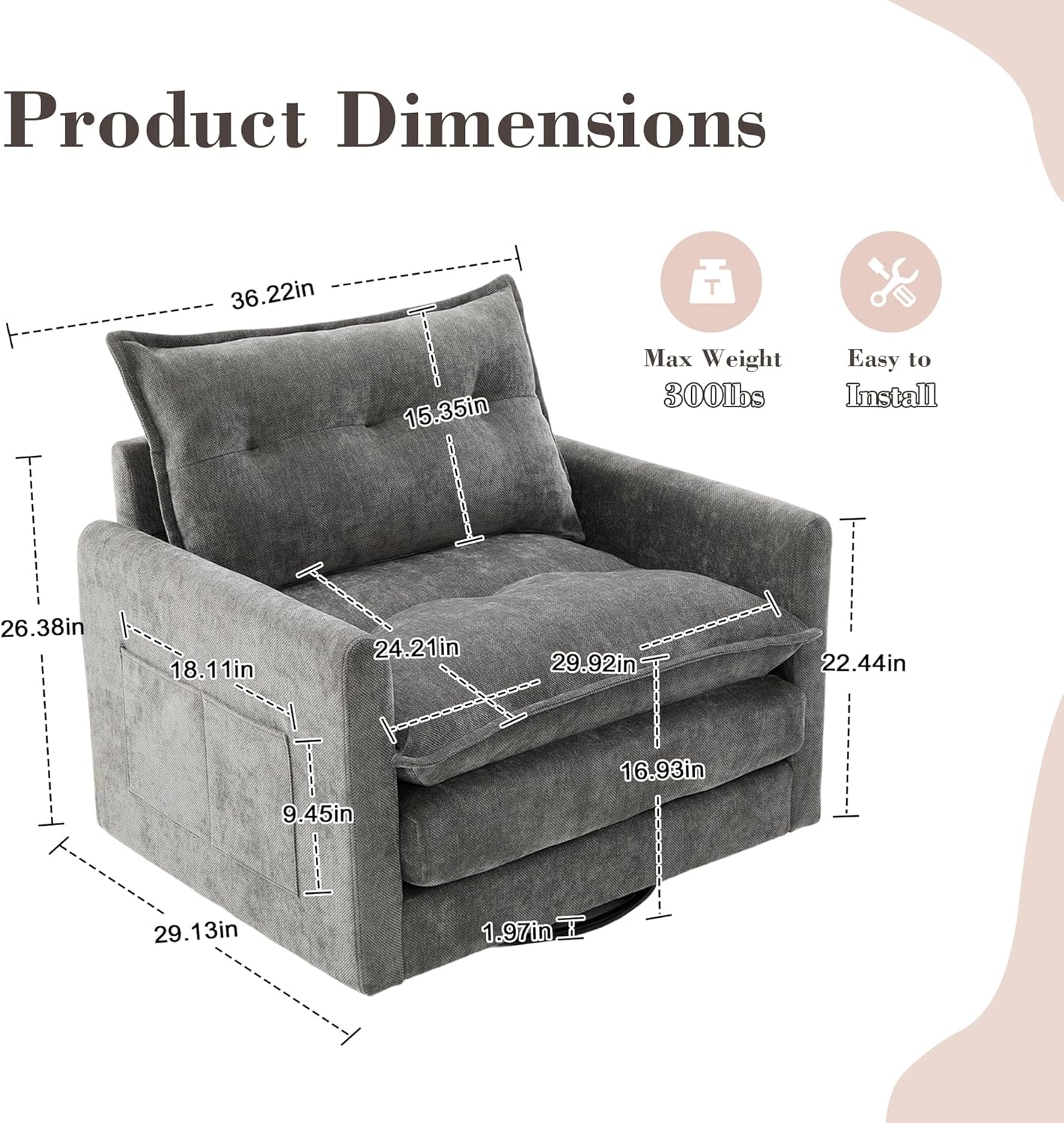 Swivel Accent Chair, 360° Rotating Square Arm Chair, Modern Accent Chair with Solid Metal Base, Chenille Comfy Upholstered Single Sofa for Living Room Bedroom Office (Gray)