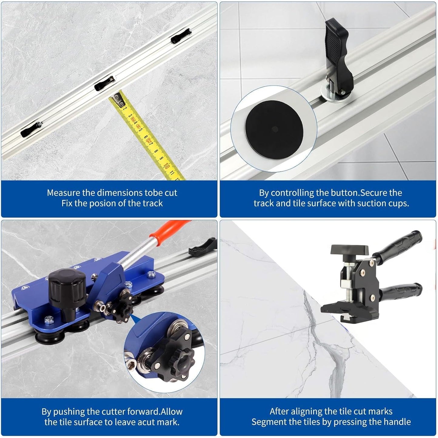110" Professional Large Format Manual Tile Cutter with Built-in Suction Cups & Tile Pliers, 3 Push Knives – Cuts Porcelain, Ceramic & Stone Tiles up to 4.7" Thick (Blue)
