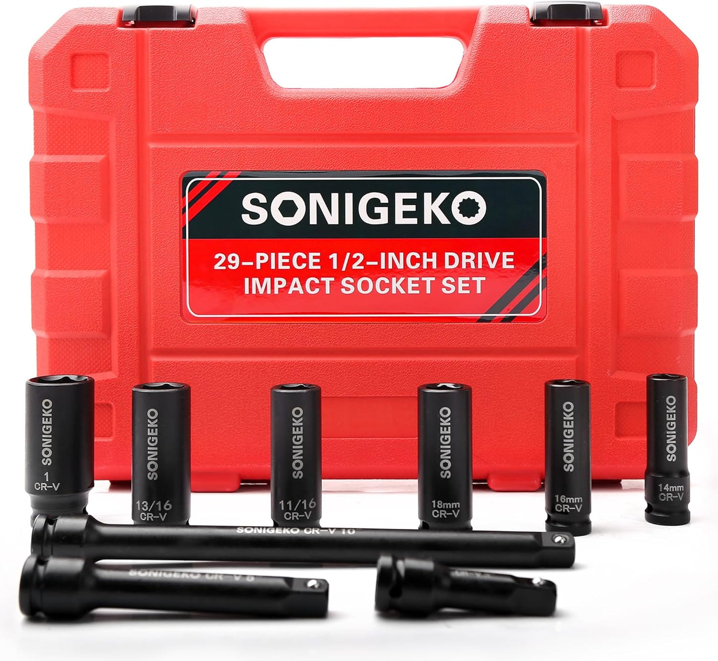 29-Piece 1/2" Drive Impact Socket Set - 6 Point Deep SAE & Metric CR-V Steel Sockets with 3", 5", 10" Extension Bar