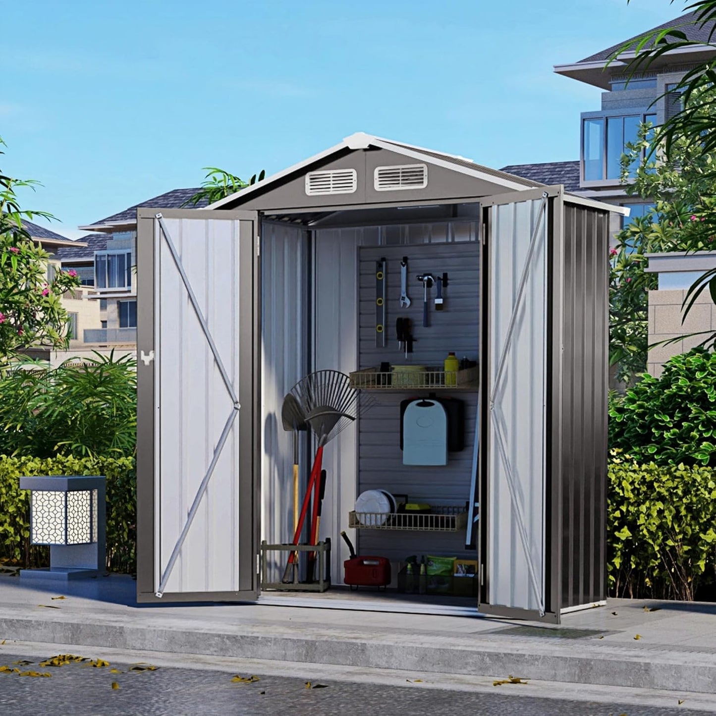 6x3.6FT Outdoor Storage Shed, Galvanized Steel Garden Shed with Lockable Door & Window, Waterproof Metal Tool Storage for Garden, Backyard, Patio, Lawn(Peak Roof)