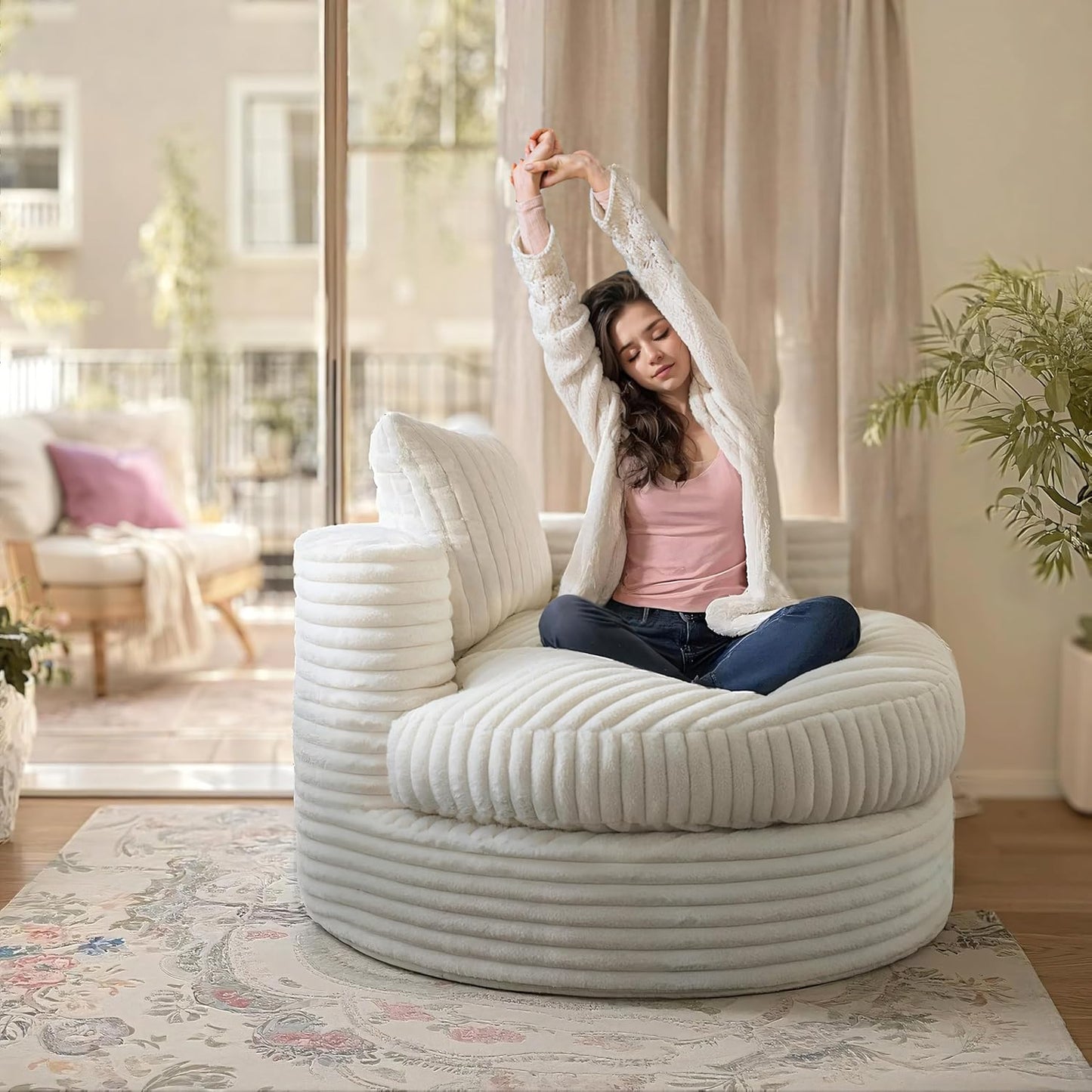 47" Round Chaise Lounge Chair Indoor for Adults, Corduroy Boneless Oversized Chair for Living Room Comfy Bean Bag Sofa