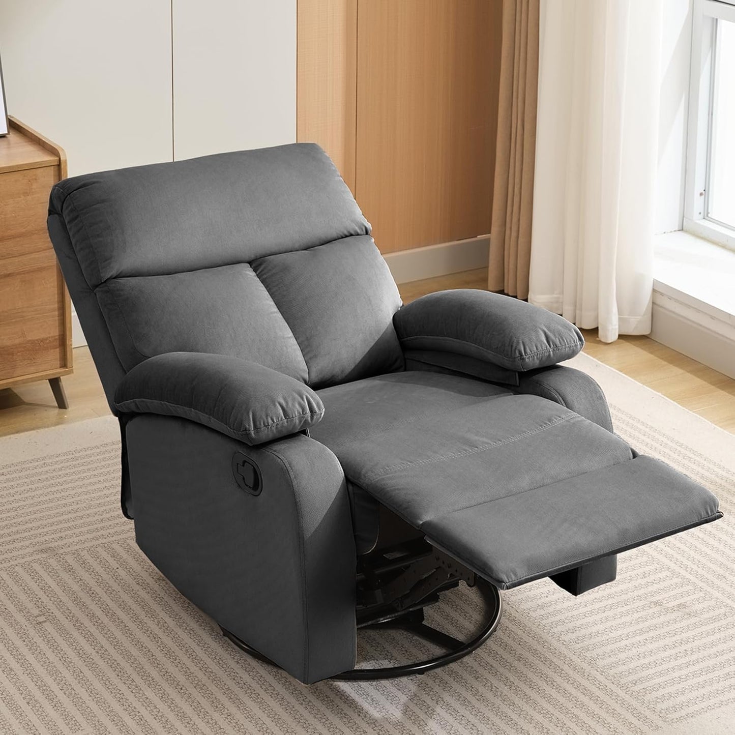 Swivel Rocker Recliner Chair, Small Manual Reclining Chair with Overstuffed Arm and Back, PU Leather Single Sofa Seat for Living Room, Bedroom, Dark Brown