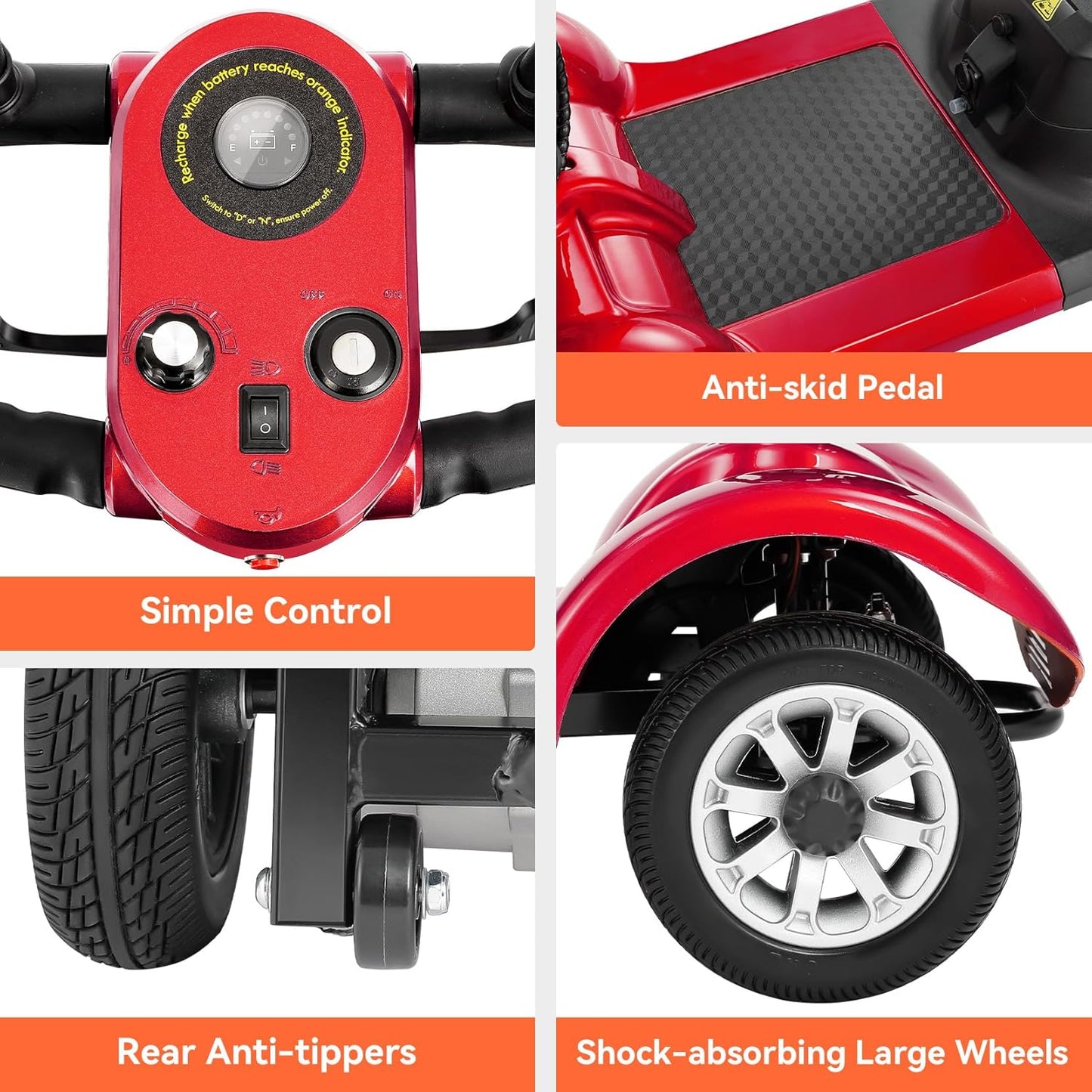 4 Wheel Compact Mobility Scooter for Seniors and Adults,Foldable Electric Scooter, Heavy Duty Travel Model with Lights, Basket, and Long-Lasting Battery (Red)