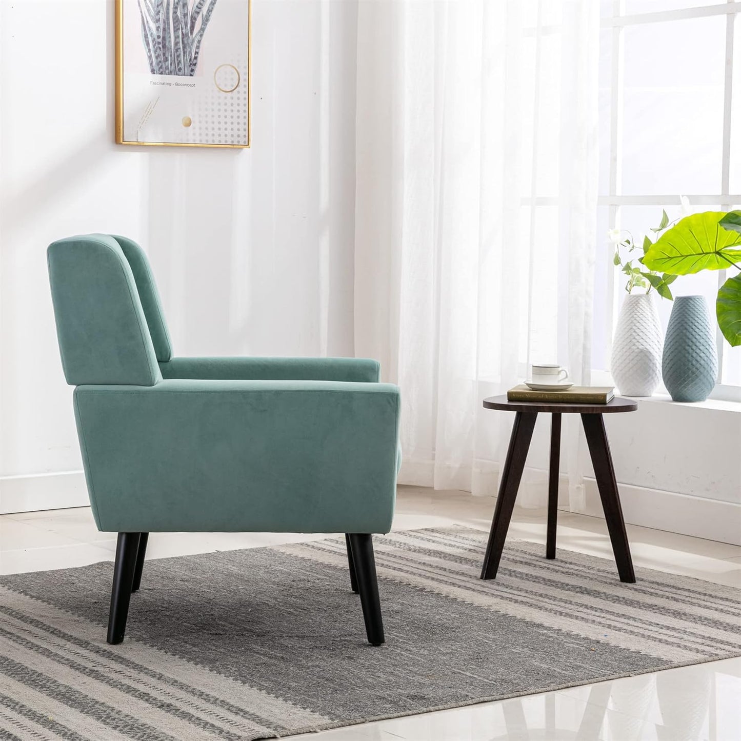Accent Armchair, Living Room Chairs with Curved Back, Velvet Cushion, 250 Lbs Weight Capacity Ergonomics Accent Chair, Upholstered Single Sofa for Bedroom Mint Green Foam