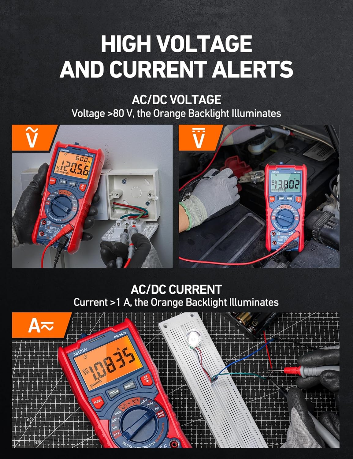 AstroAI Digital Multimeter Tester TRMS 20000 Counts with Higher Resolution Auto-Ranging Voltmeter; Accurately Measures Voltage Current Resistance Diodes Continuity Duty-Cycle Capacitance Temperature