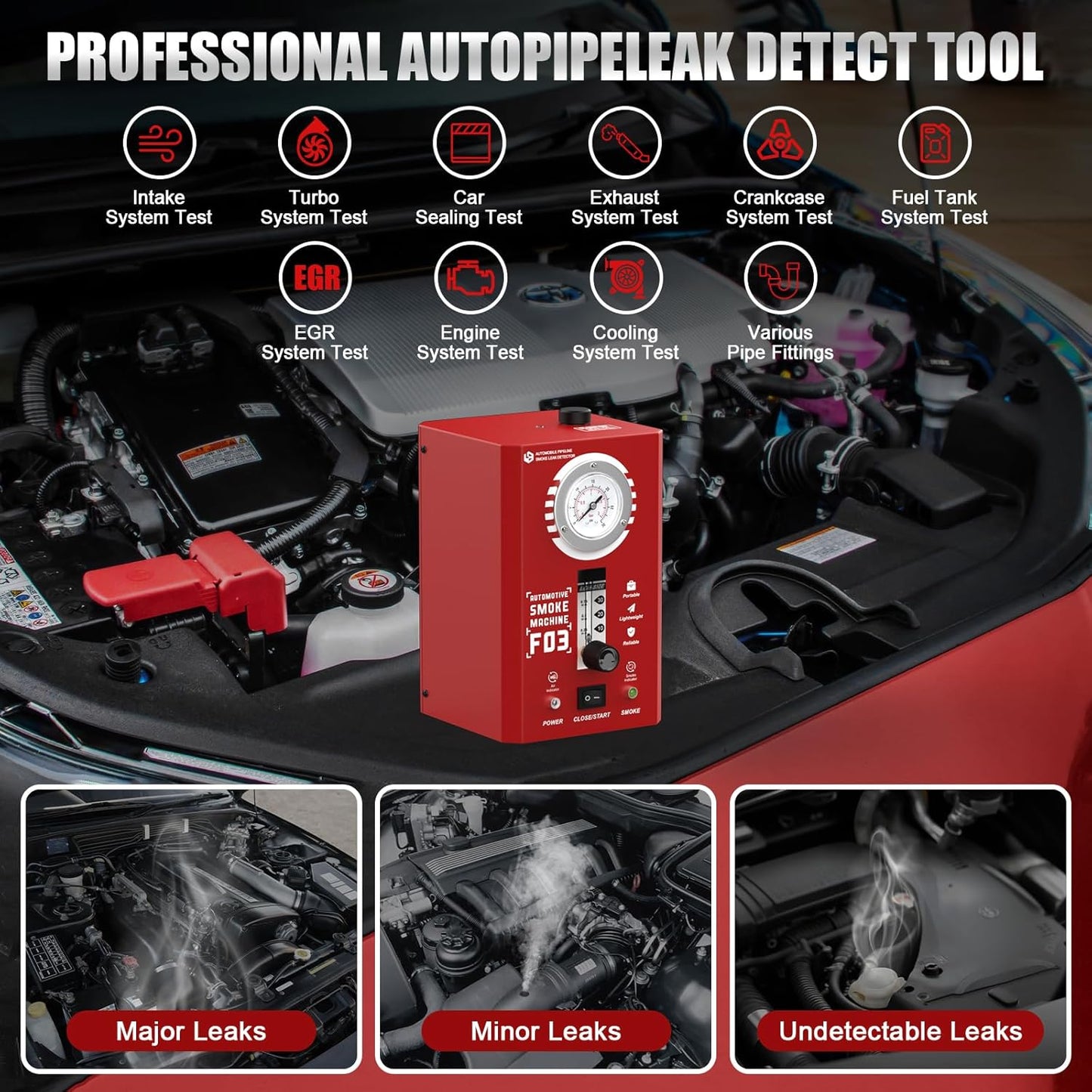 Smoke Machine Automotive with Flow Meter & Pressure Gauge, F03 EVAP Smoke Leak Detector Tester for Car & All 12V DC Vehicles in Vacuum - Fuel Diagnostic Pipe System, Built-in Air Pump (Oil Excluded)
