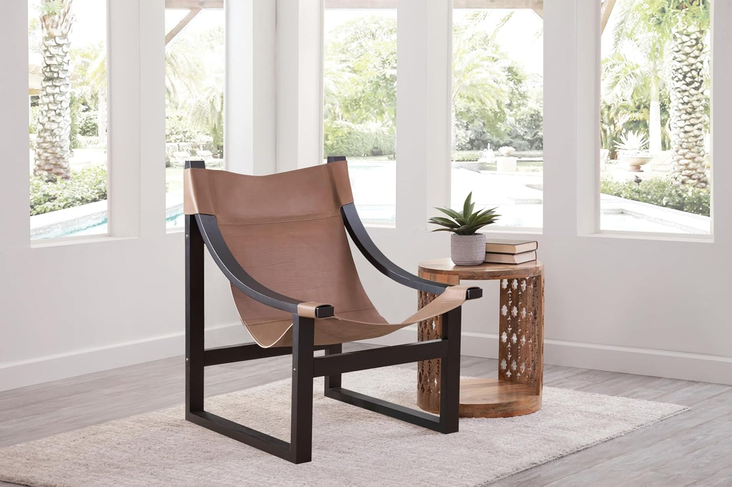 Steve Silver Furniture Lima Leather Sling Accent Chair, Oak Solids, Home Office, Living Room, Stable Wooden Frame, Balcony, 26.3" L x 28.3" W x 37" H, Brown/Black