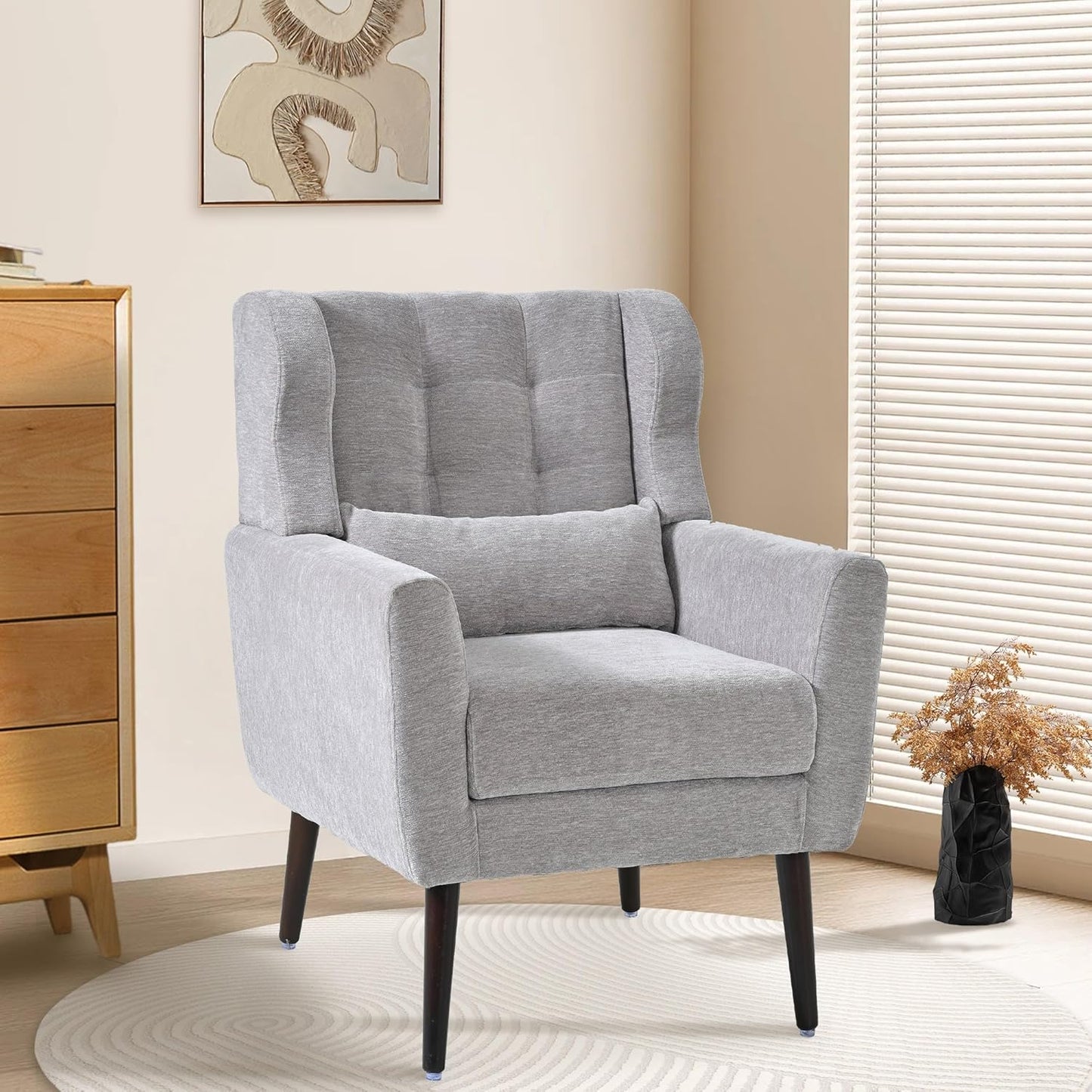 Accent Chair Set of 2, Upholstered Armchair with Pillow, Fabric Single Sofa Chair with Lounge Seat and Wood Legs Accent Chair for Living Room Small Spaces (Grey, Set of 2)