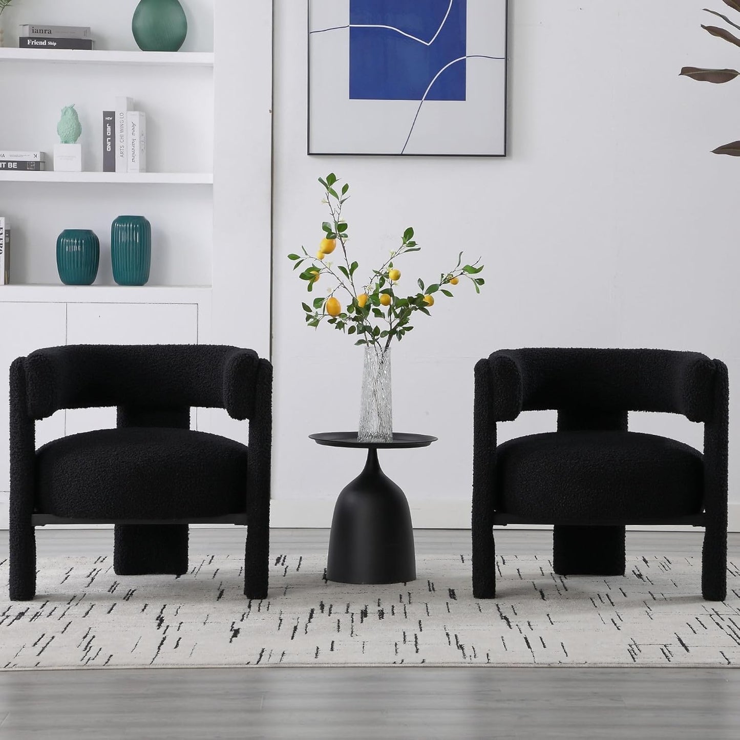 Wahson Modern Barrel Accent Chairs Set of 2 | Boucle Upholstered Armchair, Single Sofa, Side, Reading, Living Room Chair | Three Legs, Black Sherpa