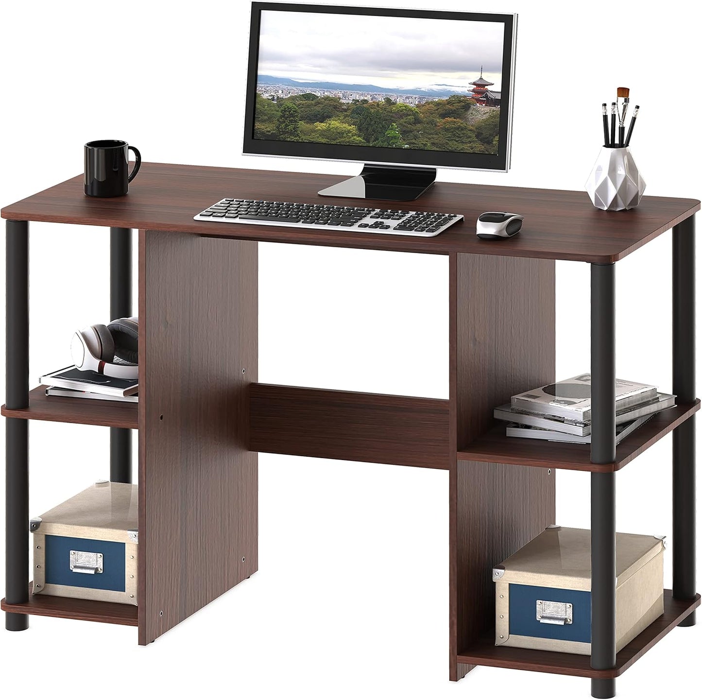 SHW 38-Inch Home Office Wood Desk with Double Sided Shelves, Oak