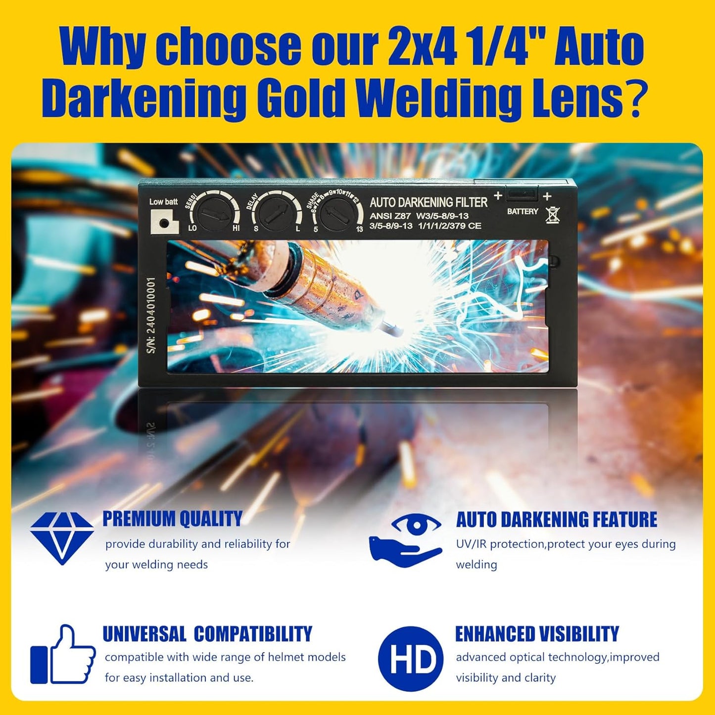 2x4 Auto Darkening Welding Lens, Shade 5-13 Adjustable, Solar Powered with HD True Color Technology - Fits Standard Welding Helmets/Hoods.