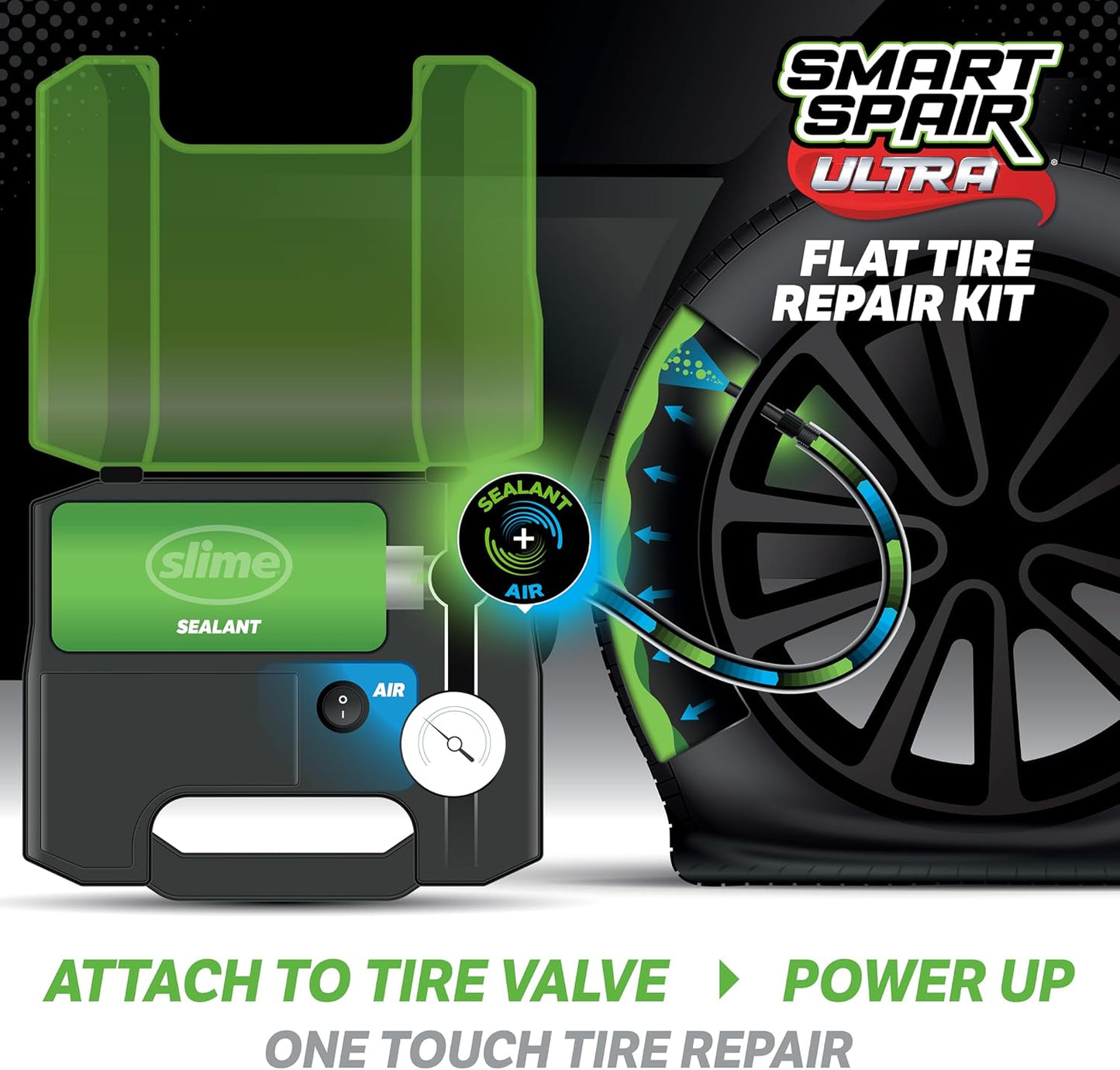 Slime 50158 Flat Tire Repair Kit, Smart Spair Ultra, All-in-One Solution, Repairs and Inflates, Car/Trailer, 10 Min Fix