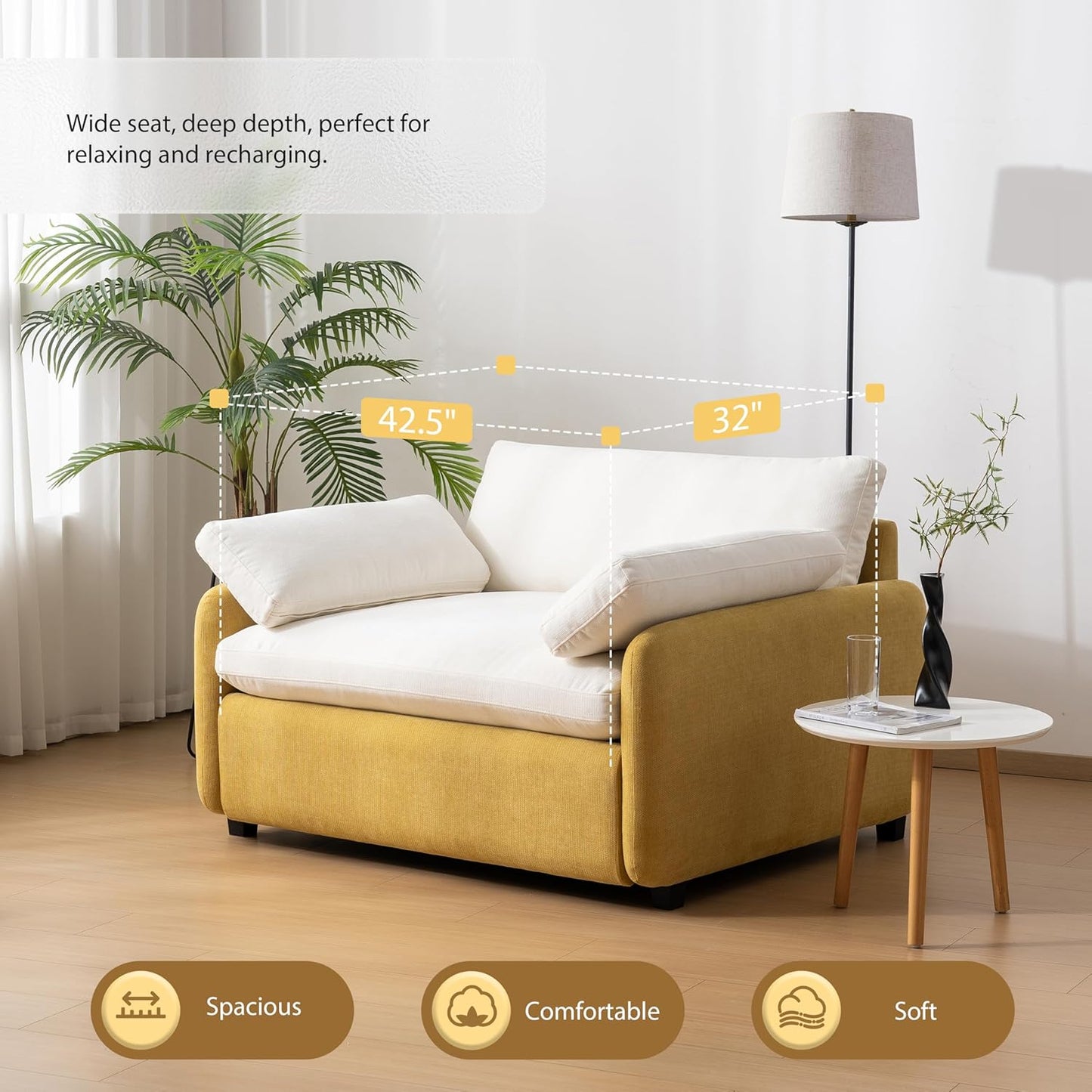 50'' Chenille Oversized Accent Chair, Modern Single Sofa Lounge Living Room Chair with Large Seat and Extra Wide Armrests, Comfy Upholstered Reading Armchair for Living Room, Bedroom, Yellow